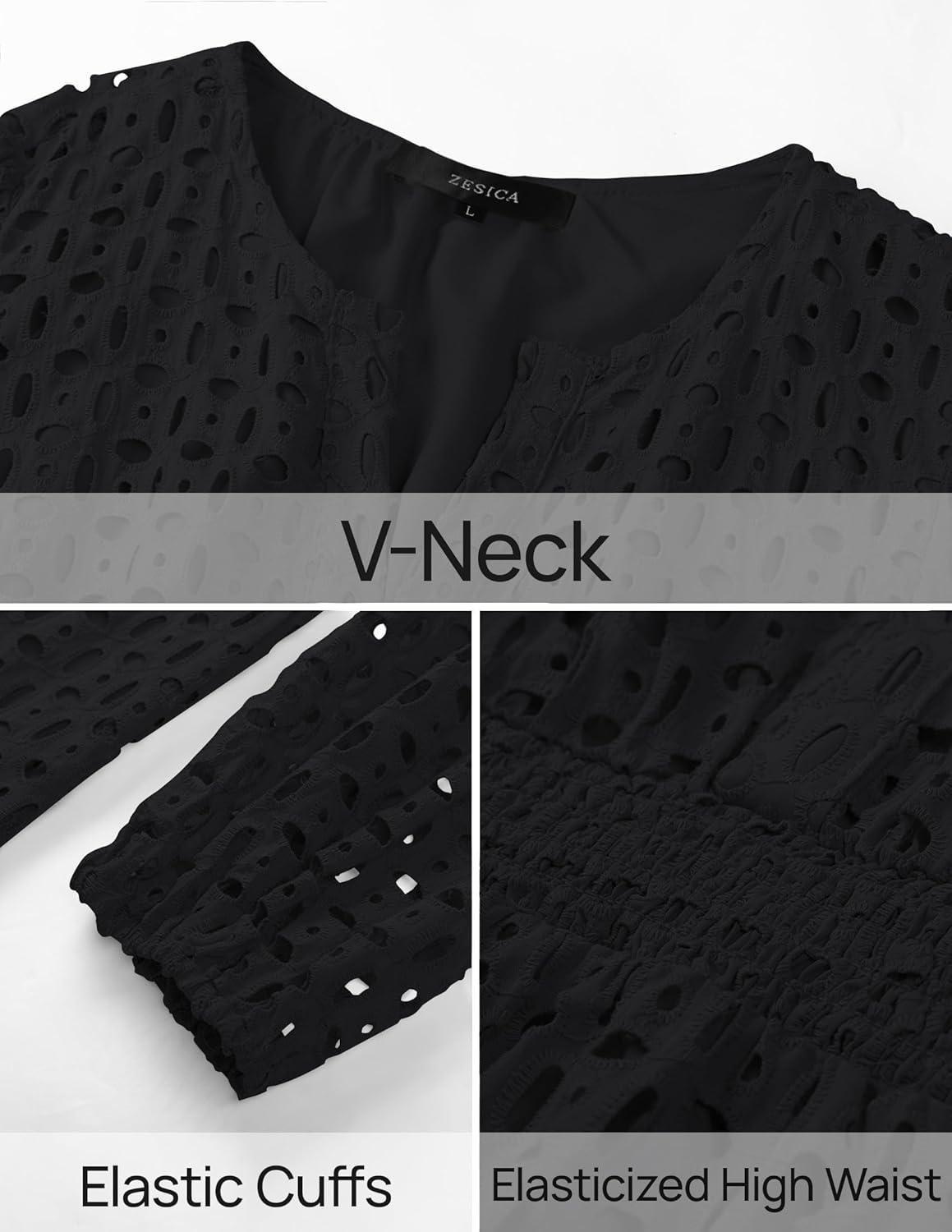imageZESICA Womens 2026 Long Sleeve Mini Dress Fall V Neck Hollow Out Eyelet Embroidery Ruffle A Line Swing Short DressesBlack