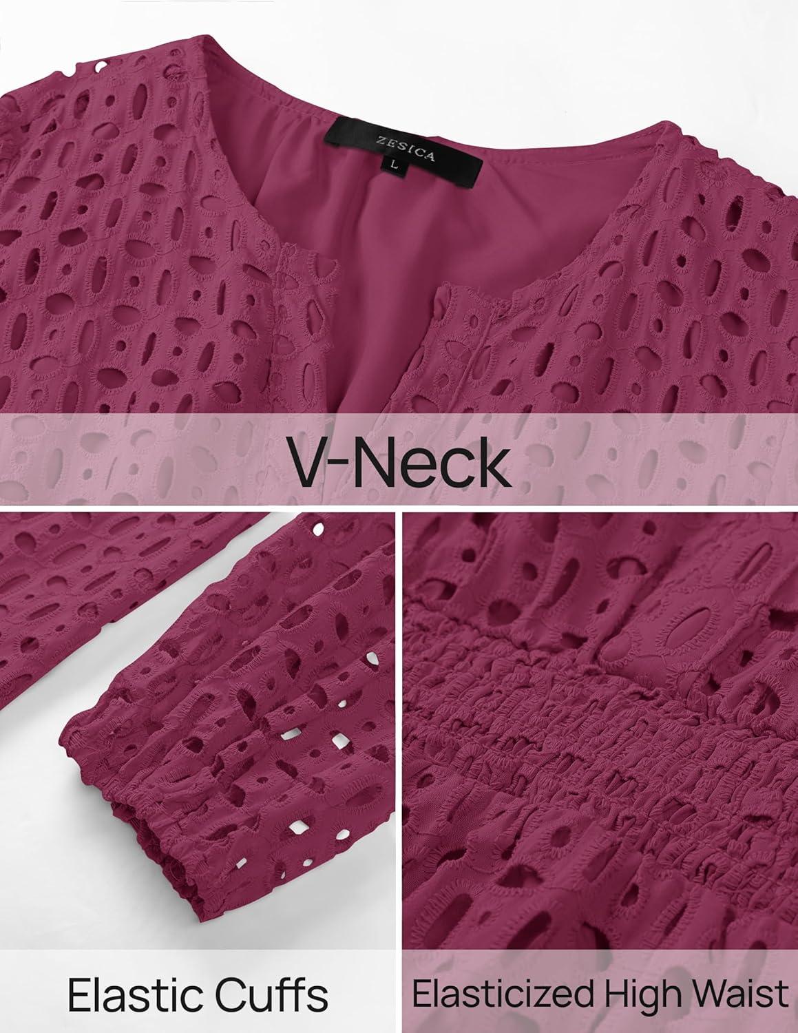 imageZESICA Womens 2026 Long Sleeve Mini Dress Fall V Neck Hollow Out Eyelet Embroidery Ruffle A Line Swing Short DressesFuchsia