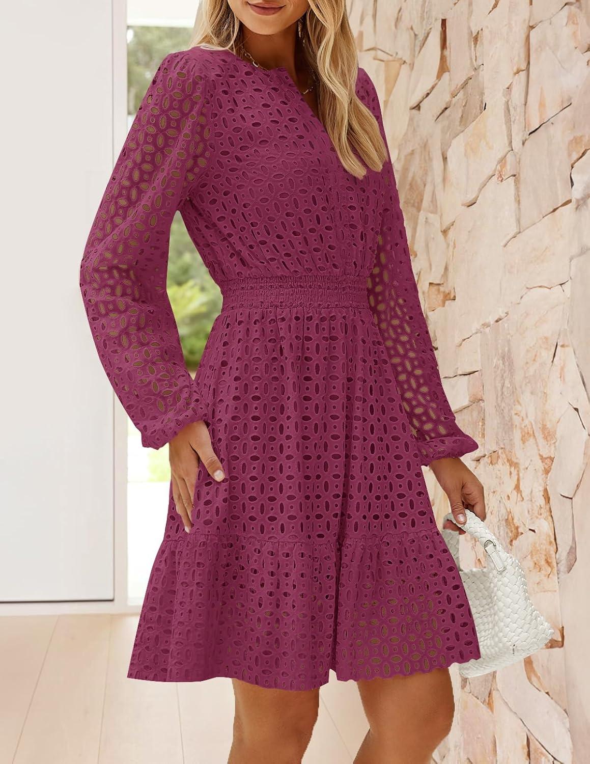 imageZESICA Womens 2026 Long Sleeve Mini Dress Fall V Neck Hollow Out Eyelet Embroidery Ruffle A Line Swing Short DressesFuchsia