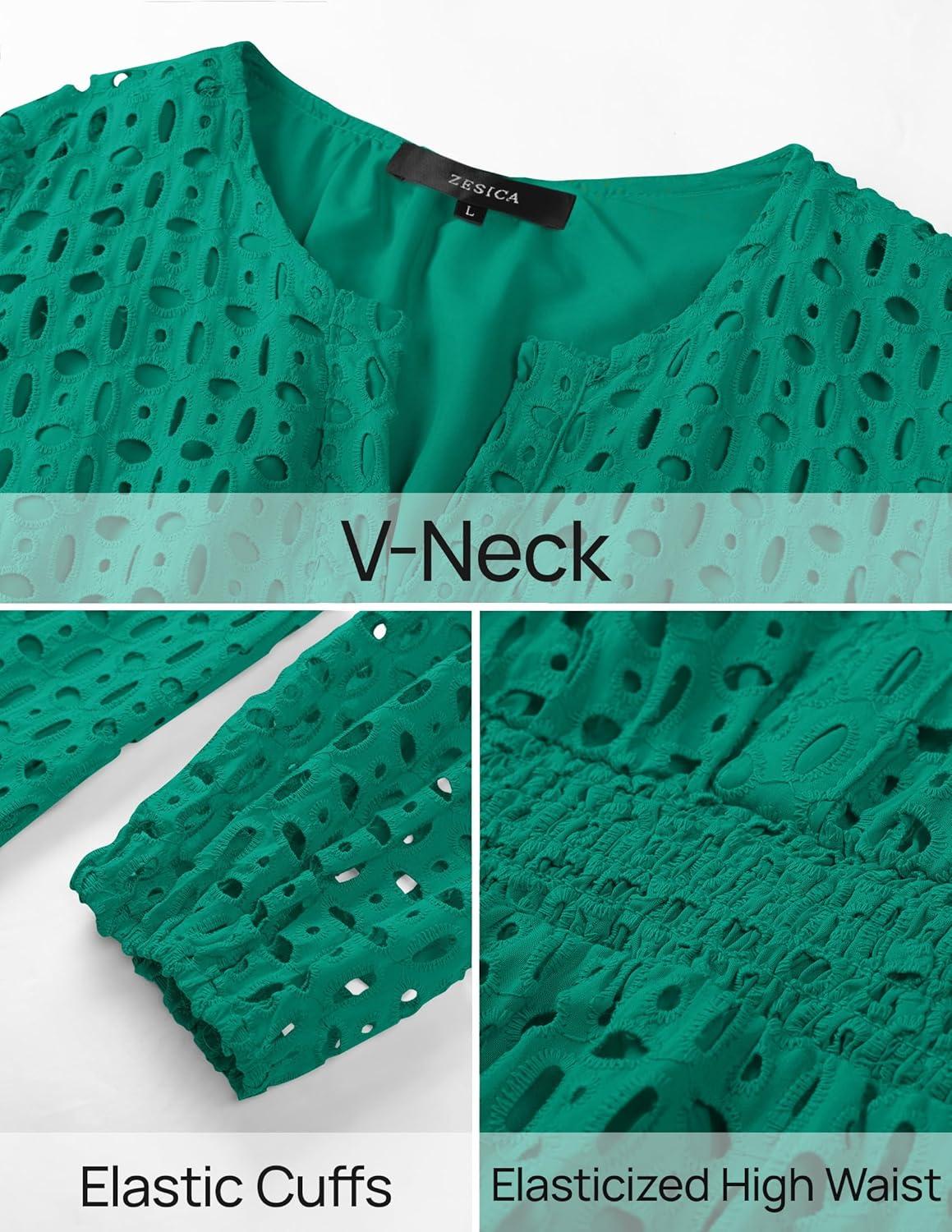 imageZESICA Womens 2026 Long Sleeve Mini Dress Fall V Neck Hollow Out Eyelet Embroidery Ruffle A Line Swing Short DressesGreen