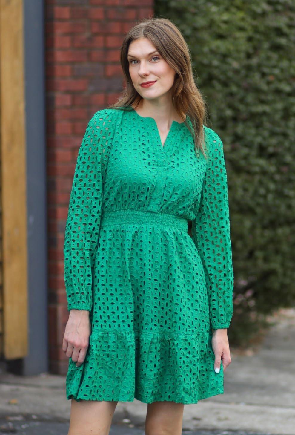 imageZESICA Womens 2026 Long Sleeve Mini Dress Fall V Neck Hollow Out Eyelet Embroidery Ruffle A Line Swing Short DressesGreen