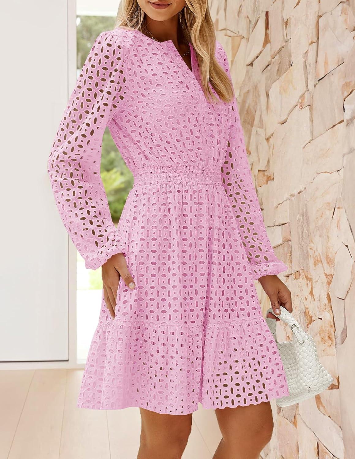 imageZESICA Womens 2026 Long Sleeve Mini Dress Fall V Neck Hollow Out Eyelet Embroidery Ruffle A Line Swing Short DressesPink