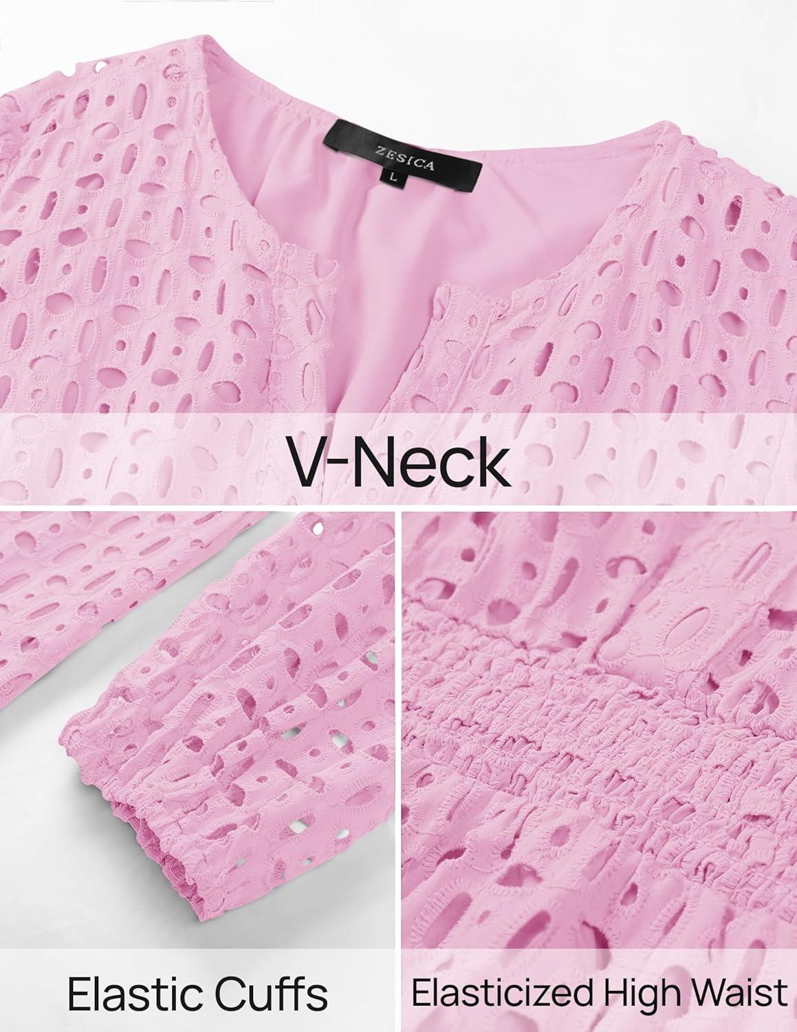 imageZESICA Womens 2026 Long Sleeve Mini Dress Fall V Neck Hollow Out Eyelet Embroidery Ruffle A Line Swing Short DressesPink
