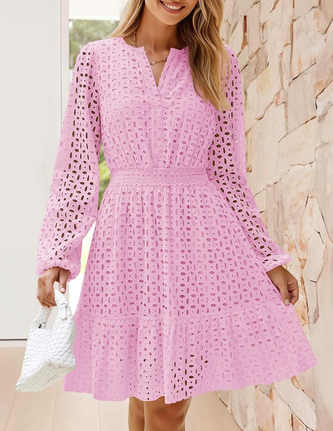 imageZESICA Womens 2026 Long Sleeve Mini Dress Fall V Neck Hollow Out Eyelet Embroidery Ruffle A Line Swing Short DressesPink