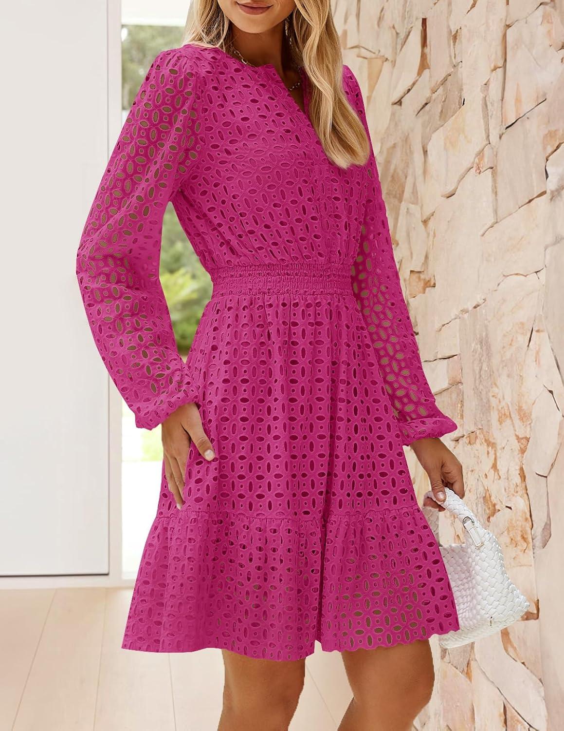 imageZESICA Womens 2026 Long Sleeve Mini Dress Fall V Neck Hollow Out Eyelet Embroidery Ruffle A Line Swing Short DressesRose