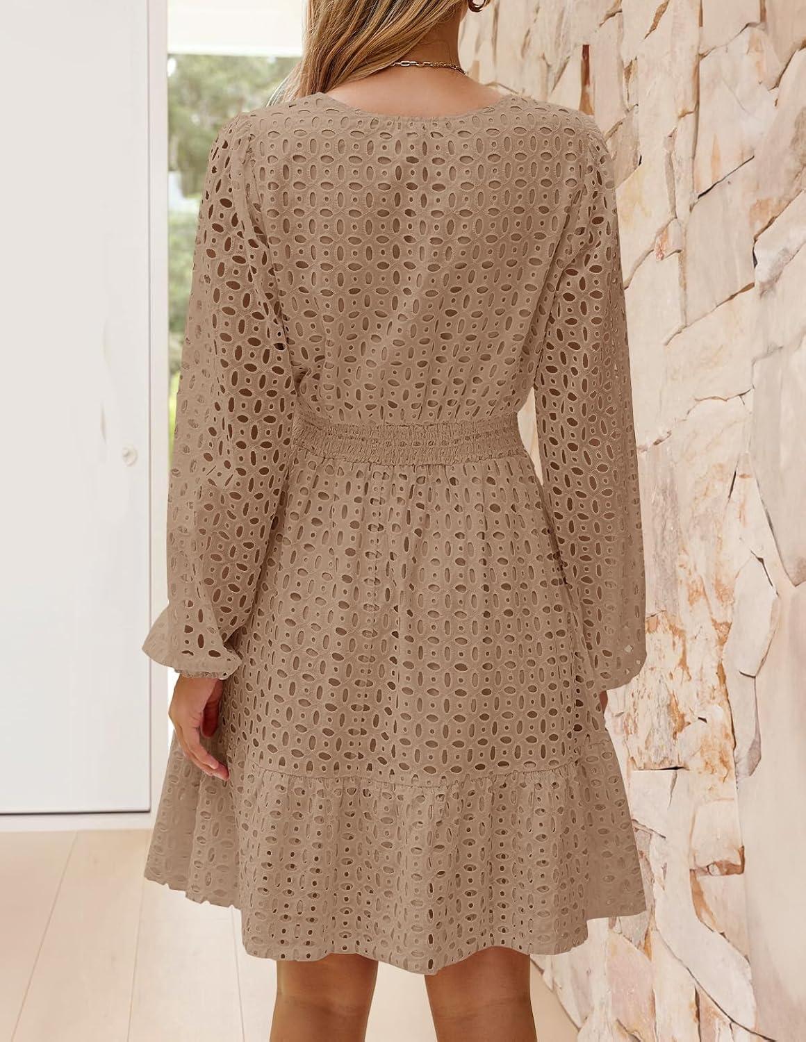imageZESICA Womens 2026 Long Sleeve Mini Dress Fall V Neck Hollow Out Eyelet Embroidery Ruffle A Line Swing Short DressesTan