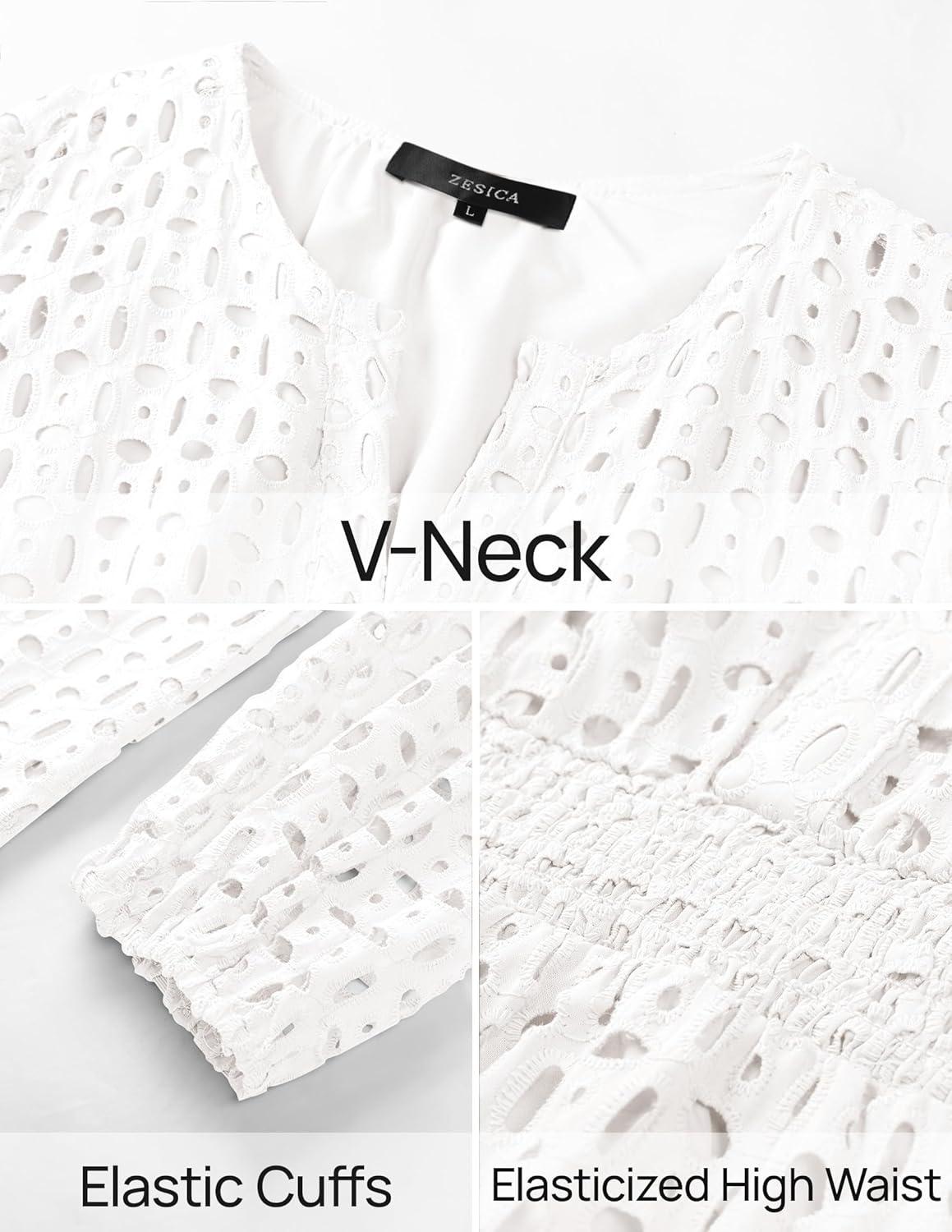 imageZESICA Womens 2026 Long Sleeve Mini Dress Fall V Neck Hollow Out Eyelet Embroidery Ruffle A Line Swing Short DressesWhite