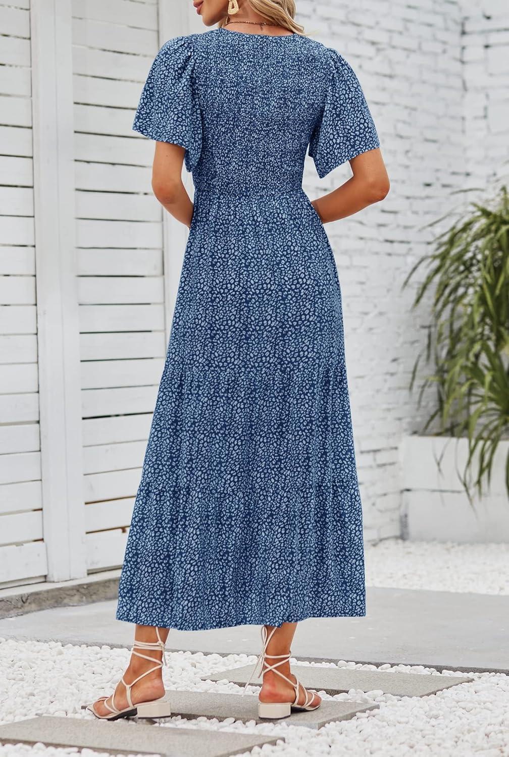 imageZESICA Womens 2026 Summer Casual Floral Print Short Flutter Sleeve Crew Neck Smocked High Waist Flowy Maxi DressDarkblue