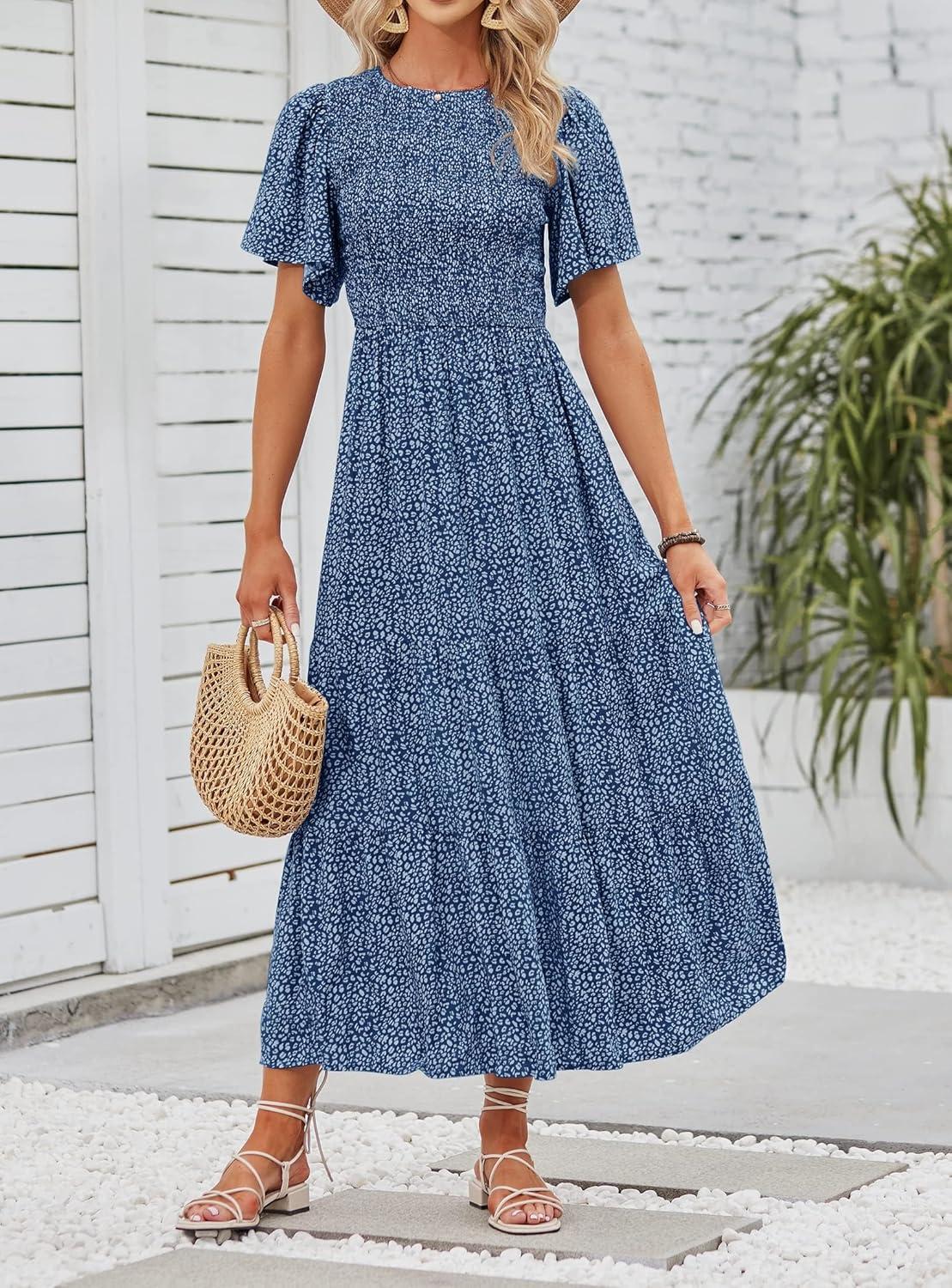 imageZESICA Womens 2026 Summer Casual Floral Print Short Flutter Sleeve Crew Neck Smocked High Waist Flowy Maxi DressDarkblue