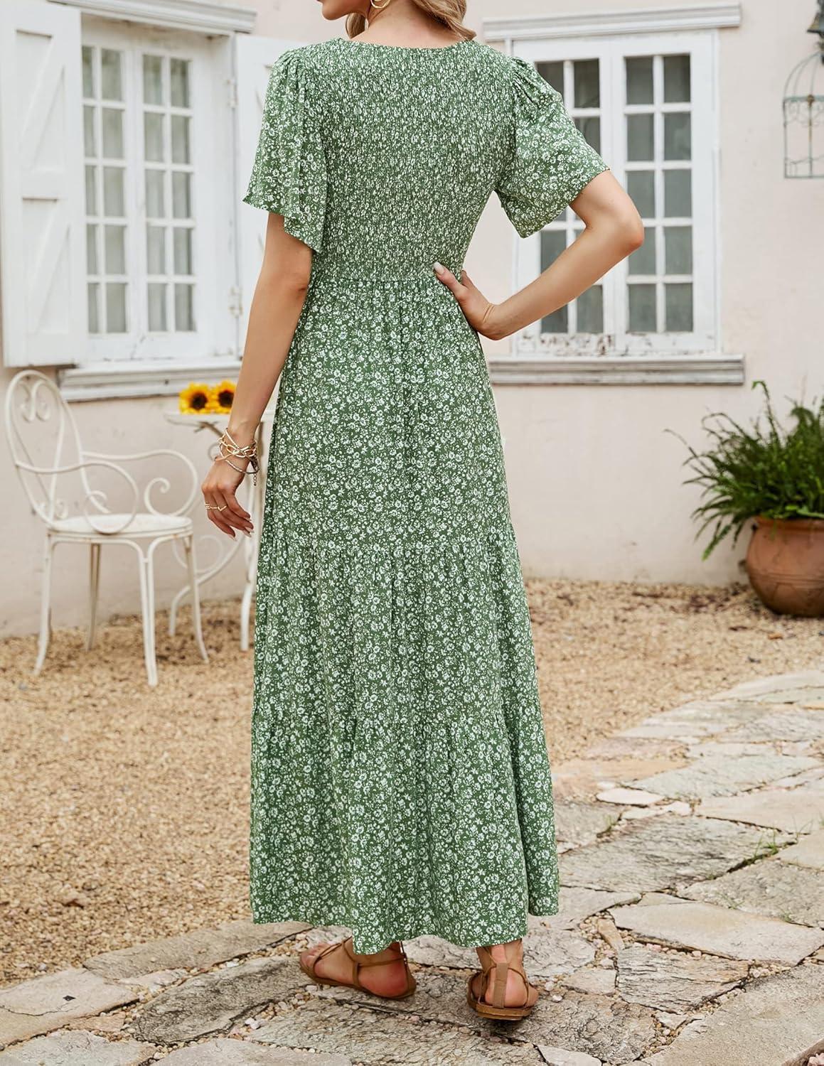imageZESICA Womens 2026 Summer Casual Floral Print Short Flutter Sleeve Crew Neck Smocked High Waist Flowy Maxi DressOlive