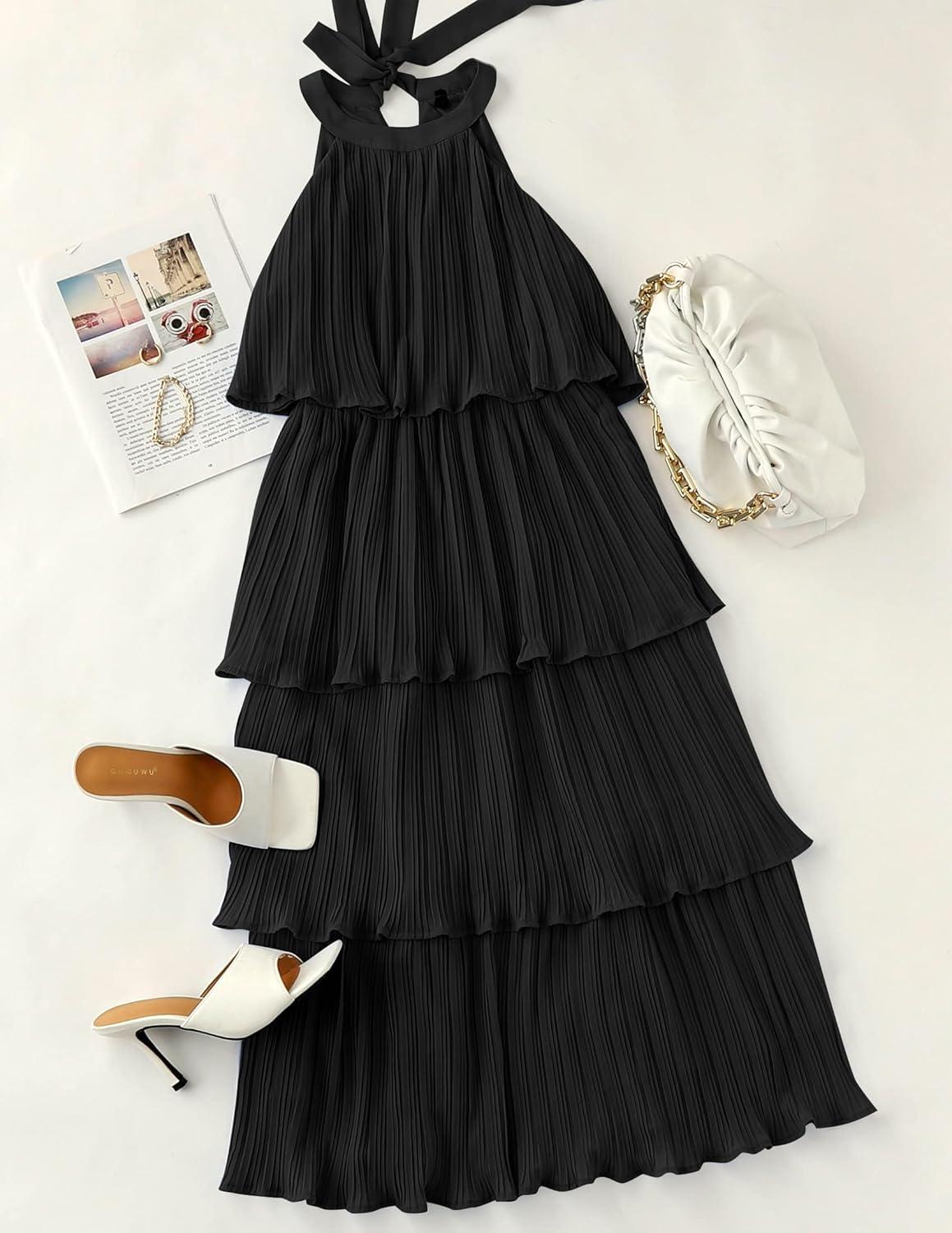 imageZESICA Womens 2026 Summer Sleeveless Halter Neck Ruffle Tiered Layed Chiffon Flowy Swing Long Midi DressDarkblack