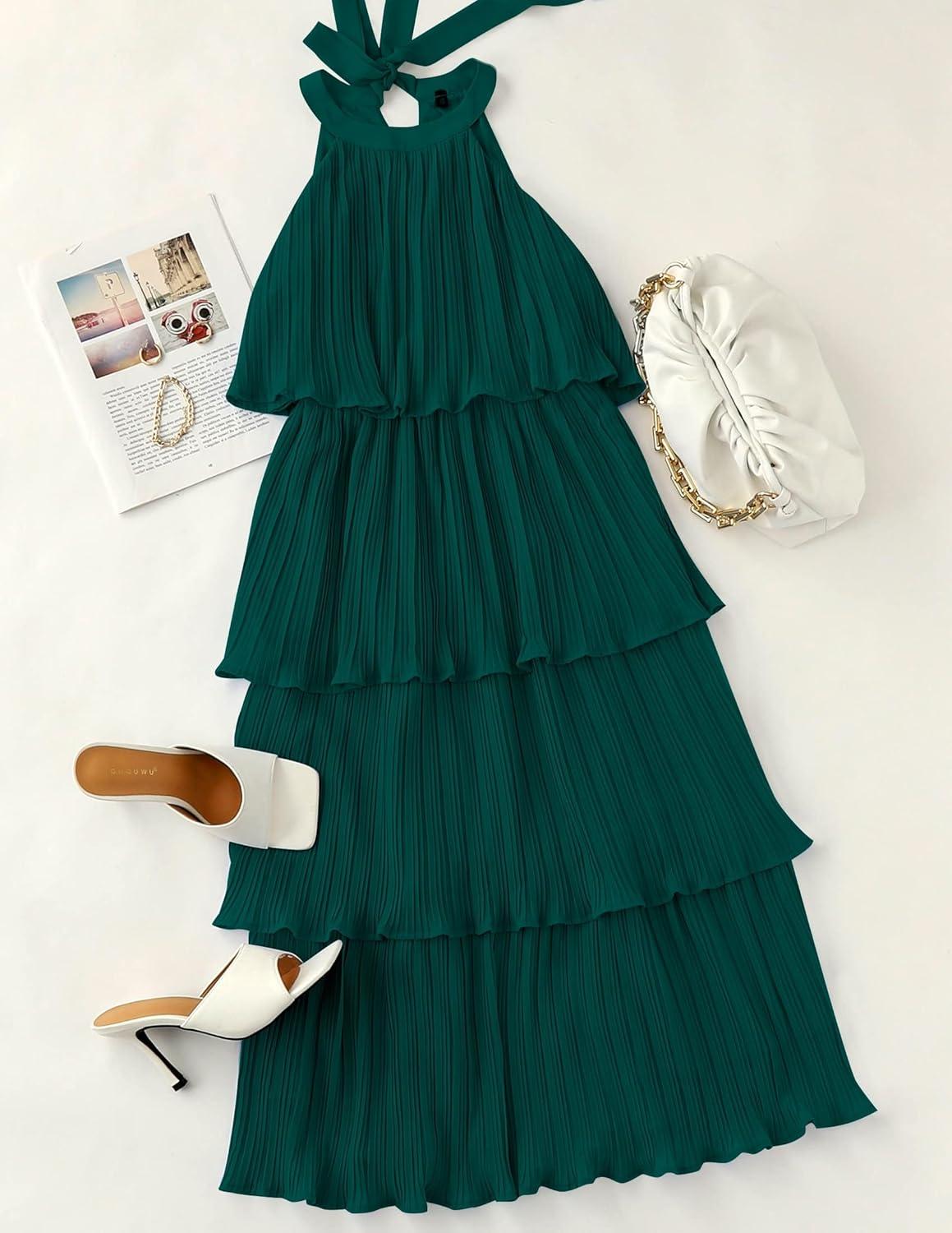 imageZESICA Womens 2026 Summer Sleeveless Halter Neck Ruffle Tiered Layed Chiffon Flowy Swing Long Midi DressDarkgreen