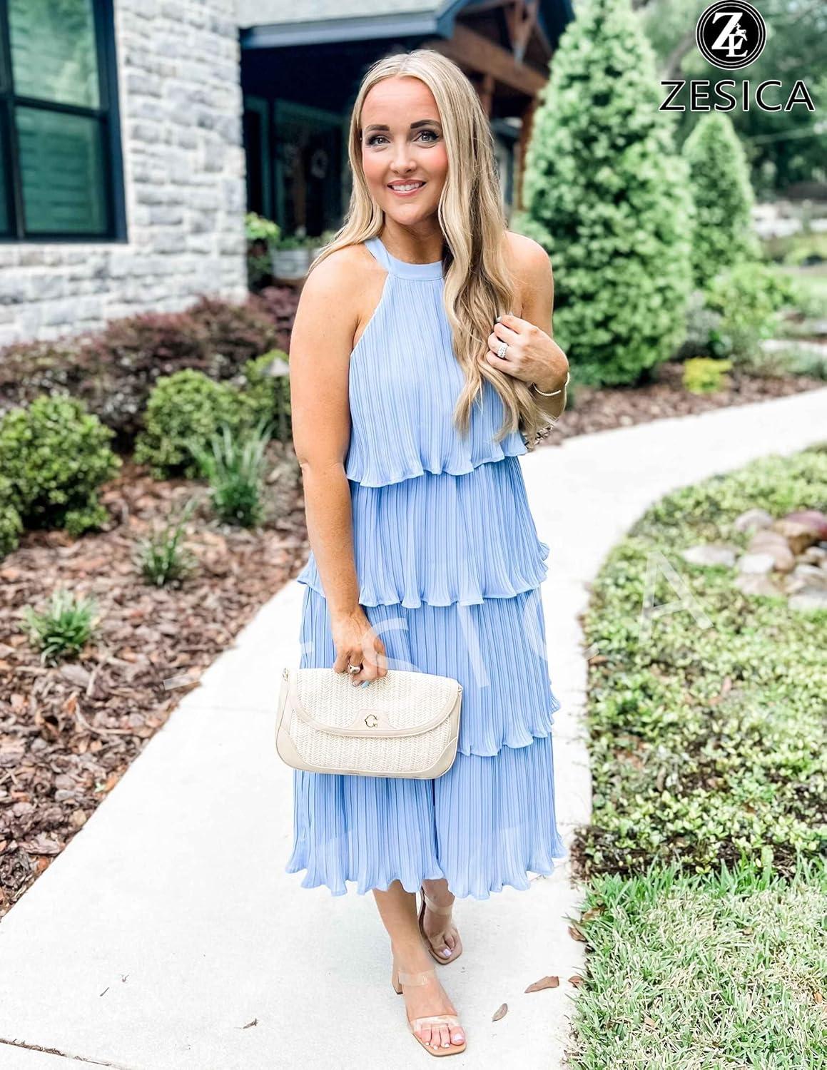 imageZESICA Womens 2026 Summer Sleeveless Halter Neck Ruffle Tiered Layed Chiffon Flowy Swing Long Midi DressLightblue