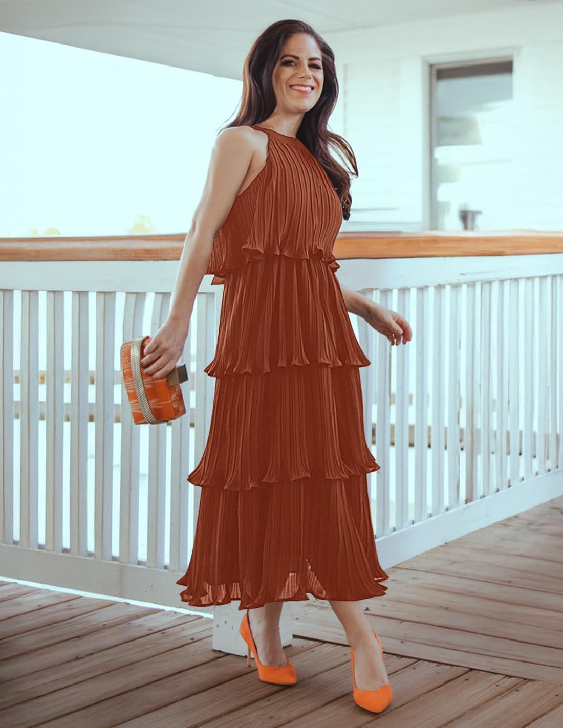 imageZESICA Womens 2026 Summer Sleeveless Halter Neck Ruffle Tiered Layed Chiffon Flowy Swing Long Midi DressMaple
