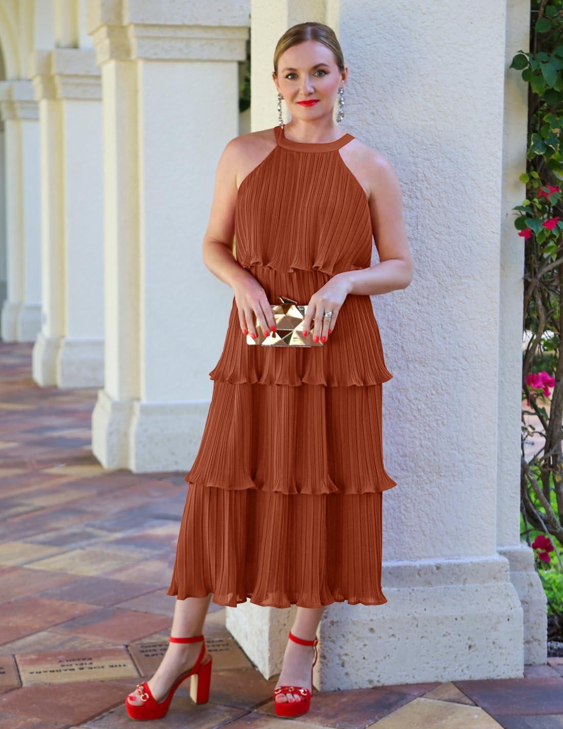 imageZESICA Womens 2026 Summer Sleeveless Halter Neck Ruffle Tiered Layed Chiffon Flowy Swing Long Midi DressMaple