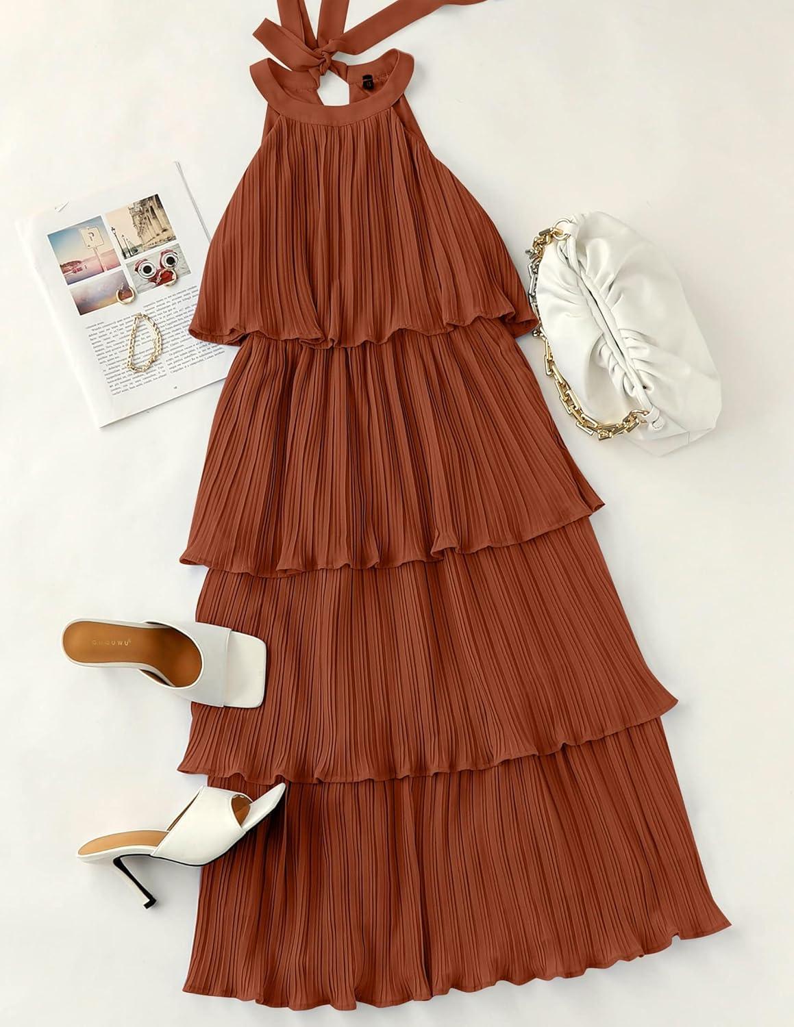imageZESICA Womens 2026 Summer Sleeveless Halter Neck Ruffle Tiered Layed Chiffon Flowy Swing Long Midi DressMaple