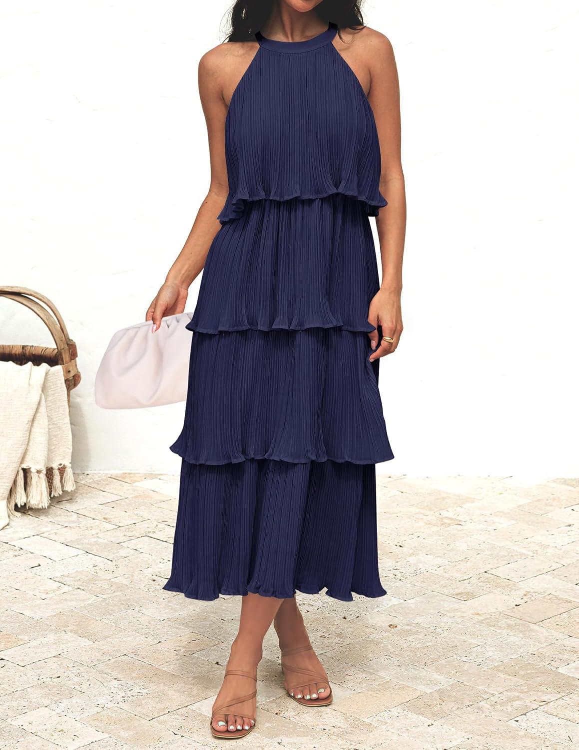 imageZESICA Womens 2026 Summer Sleeveless Halter Neck Ruffle Tiered Layed Chiffon Flowy Swing Long Midi DressNavy