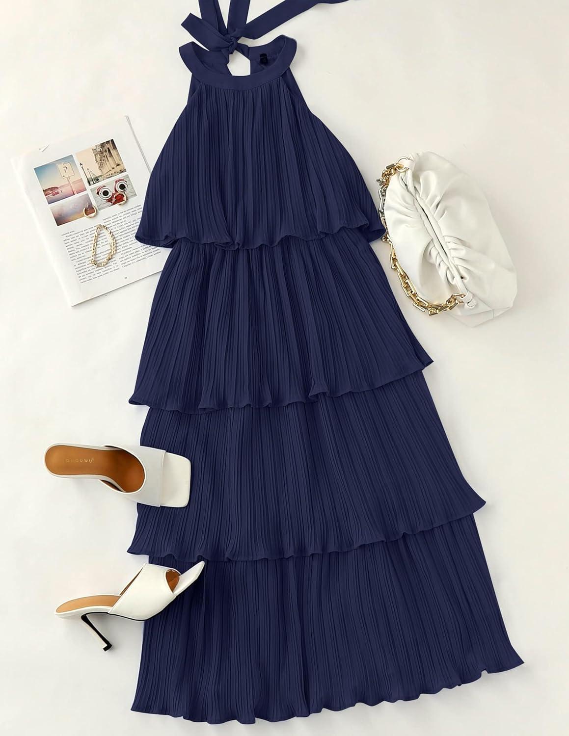 imageZESICA Womens 2026 Summer Sleeveless Halter Neck Ruffle Tiered Layed Chiffon Flowy Swing Long Midi DressNavy