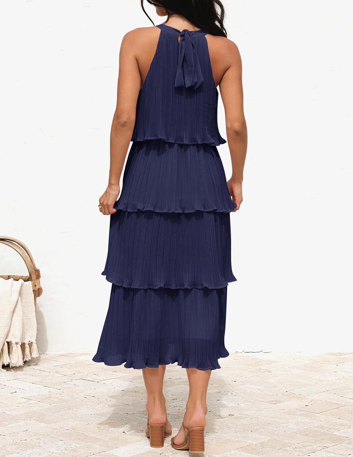 imageZESICA Womens 2026 Summer Sleeveless Halter Neck Ruffle Tiered Layed Chiffon Flowy Swing Long Midi DressNavy