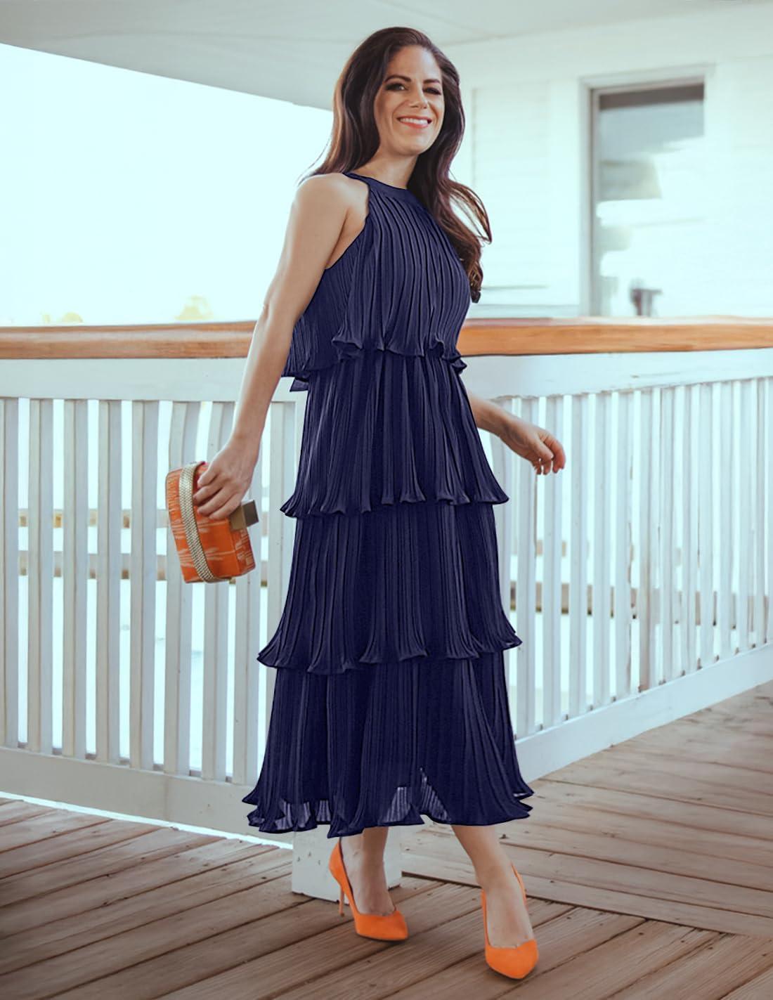 imageZESICA Womens 2026 Summer Sleeveless Halter Neck Ruffle Tiered Layed Chiffon Flowy Swing Long Midi DressNavy