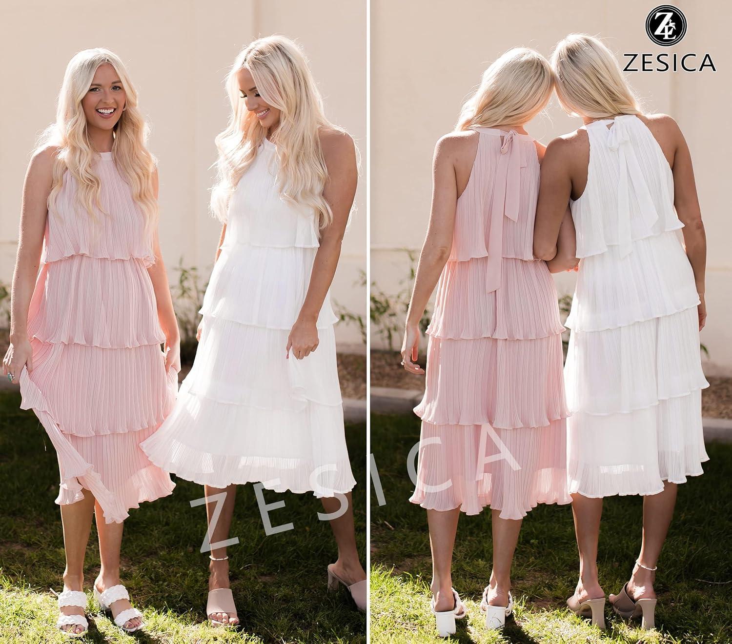 imageZESICA Womens 2026 Summer Sleeveless Halter Neck Ruffle Tiered Layed Chiffon Flowy Swing Long Midi DressPink