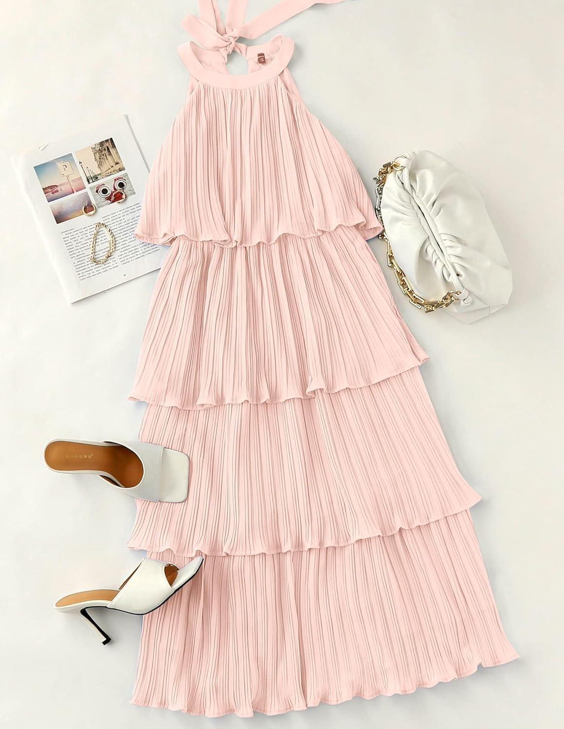 imageZESICA Womens 2026 Summer Sleeveless Halter Neck Ruffle Tiered Layed Chiffon Flowy Swing Long Midi DressPink