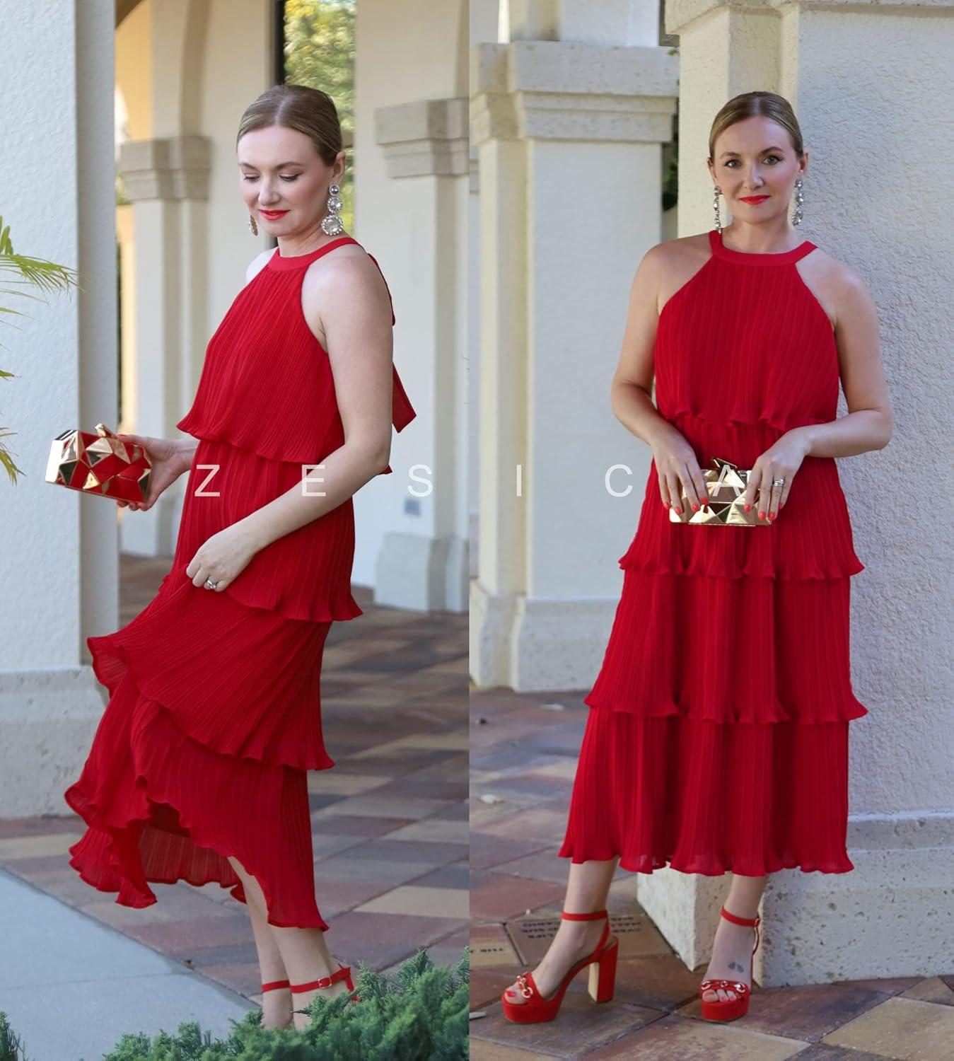 imageZESICA Womens 2026 Summer Sleeveless Halter Neck Ruffle Tiered Layed Chiffon Flowy Swing Long Midi DressRed
