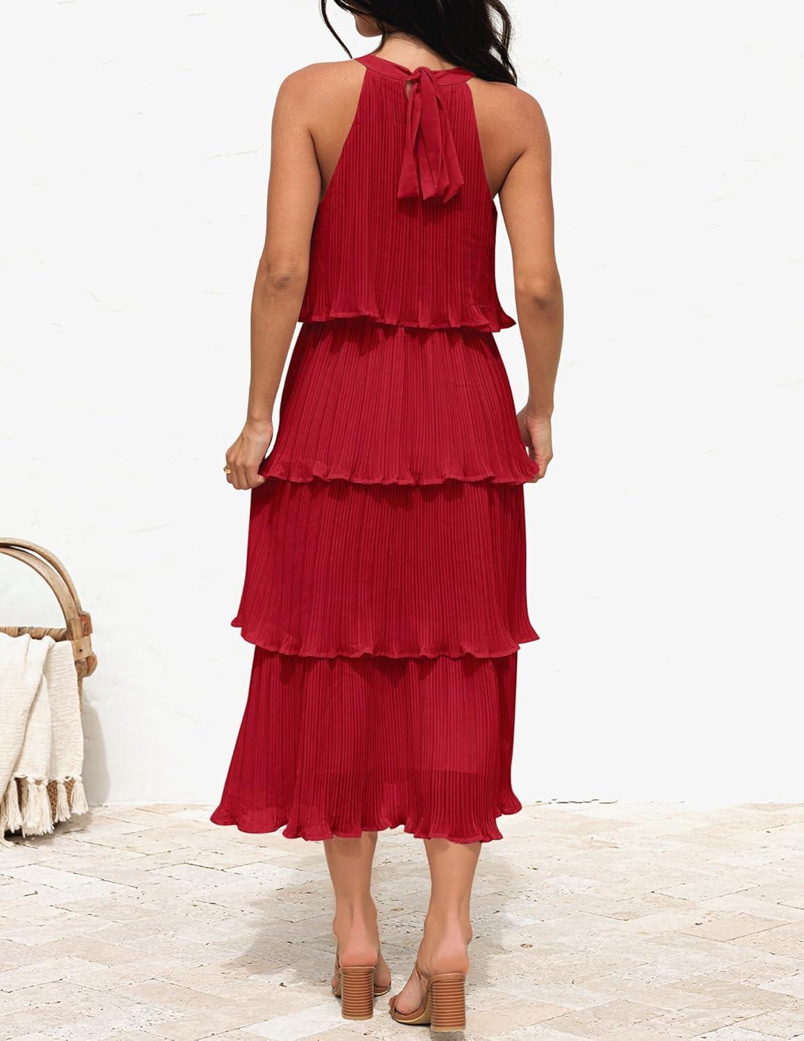 imageZESICA Womens 2026 Summer Sleeveless Halter Neck Ruffle Tiered Layed Chiffon Flowy Swing Long Midi DressRed
