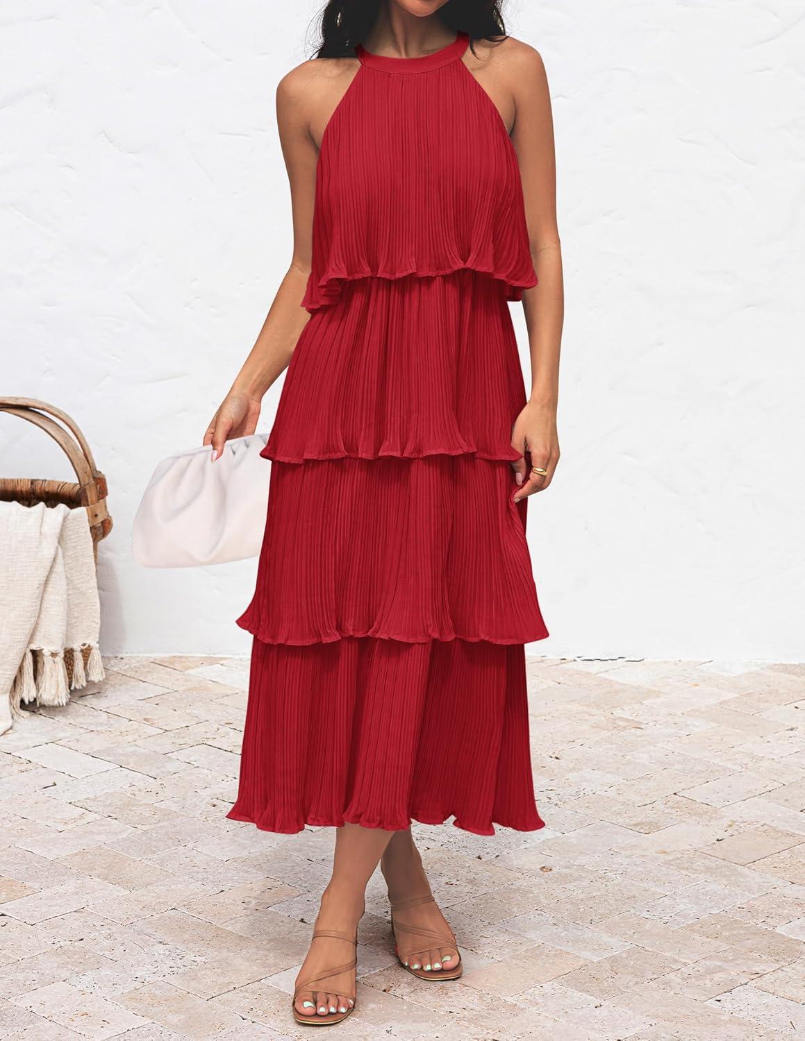 imageZESICA Womens 2026 Summer Sleeveless Halter Neck Ruffle Tiered Layed Chiffon Flowy Swing Long Midi DressRed
