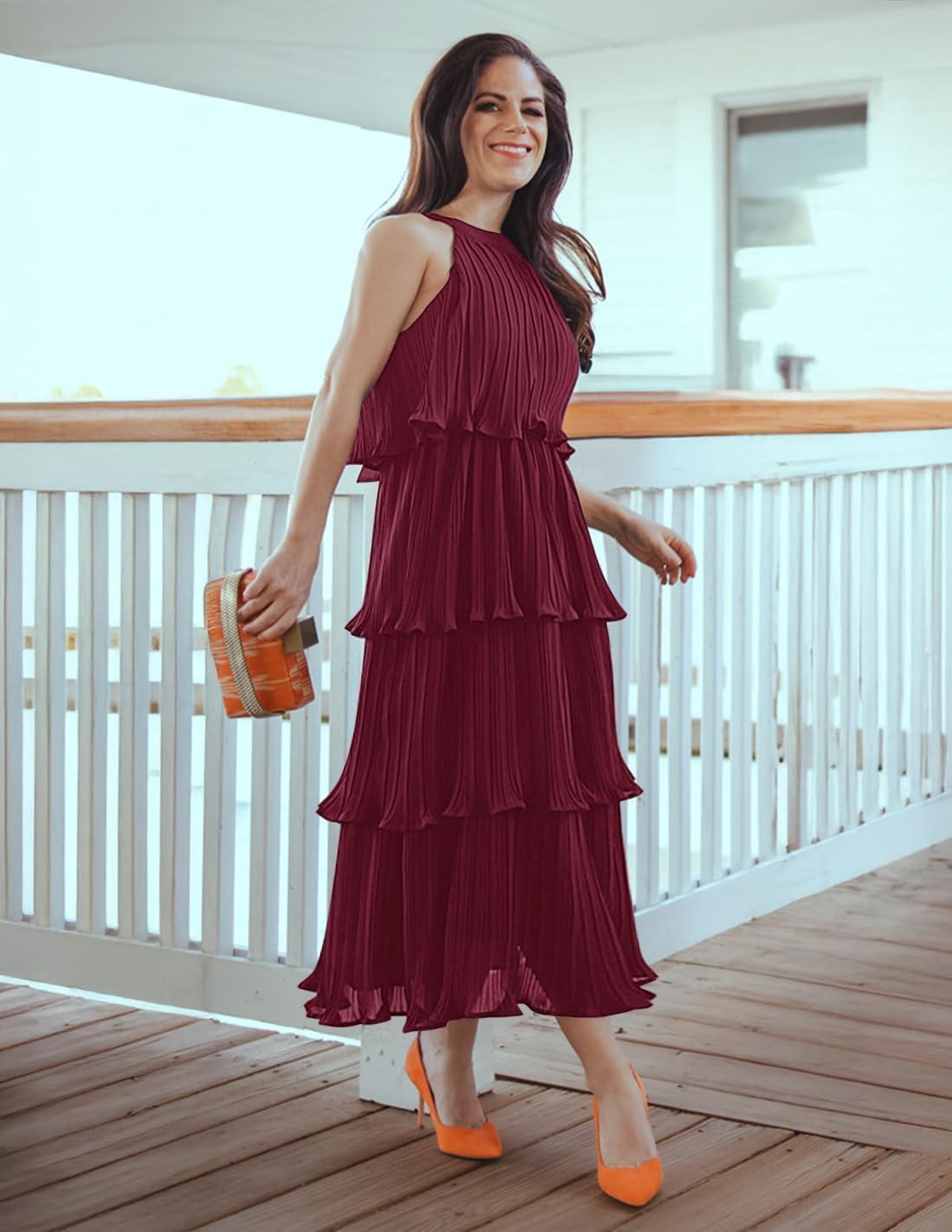 imageZESICA Womens 2026 Summer Sleeveless Halter Neck Ruffle Tiered Layed Chiffon Flowy Swing Long Midi DressWine