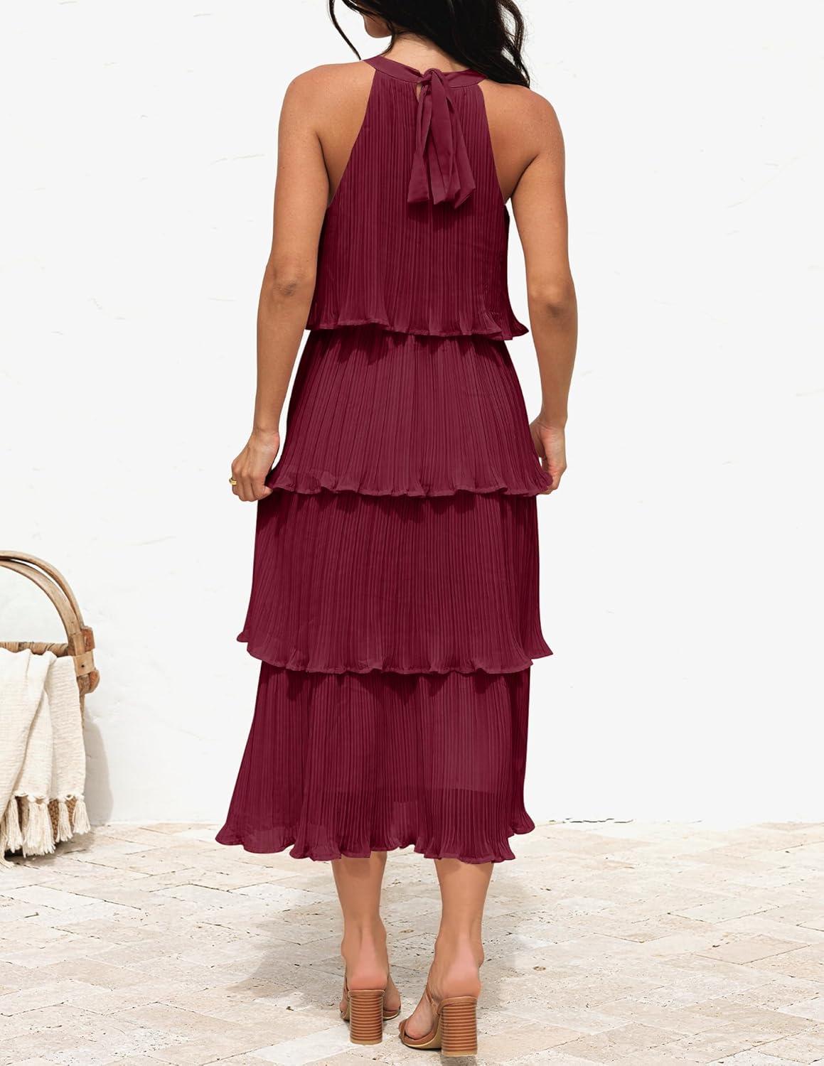 imageZESICA Womens 2026 Summer Sleeveless Halter Neck Ruffle Tiered Layed Chiffon Flowy Swing Long Midi DressWine
