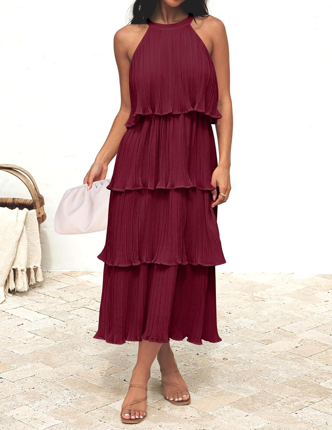 imageZESICA Womens 2026 Summer Sleeveless Halter Neck Ruffle Tiered Layed Chiffon Flowy Swing Long Midi DressWine