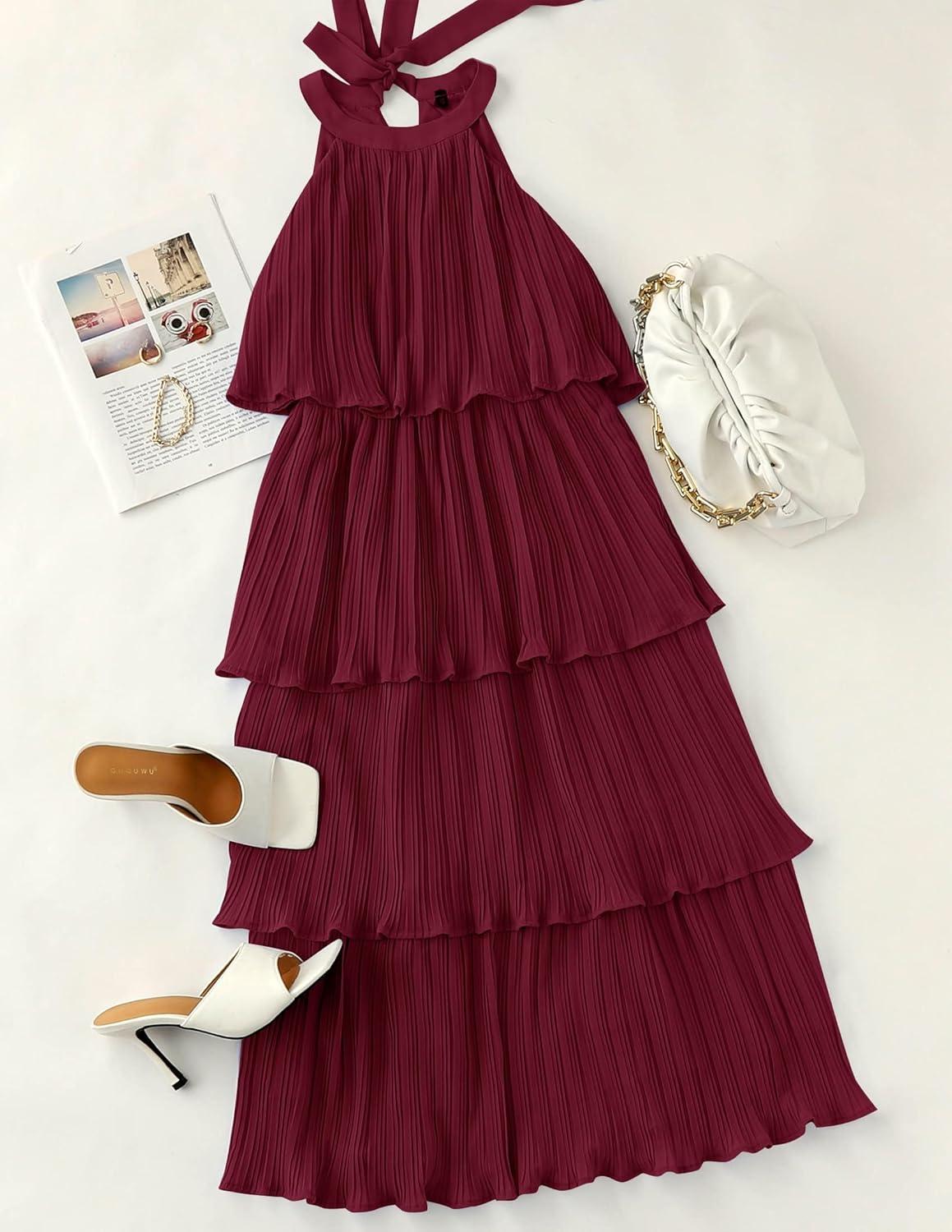 imageZESICA Womens 2026 Summer Sleeveless Halter Neck Ruffle Tiered Layed Chiffon Flowy Swing Long Midi DressWine