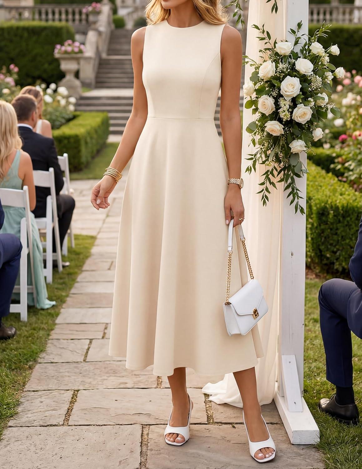 imageZESICA Womens 2026 Summer Sleeveless Midi Dresses Crewneck A Line Elegant Cocktail Party Flowy Long DressApricot