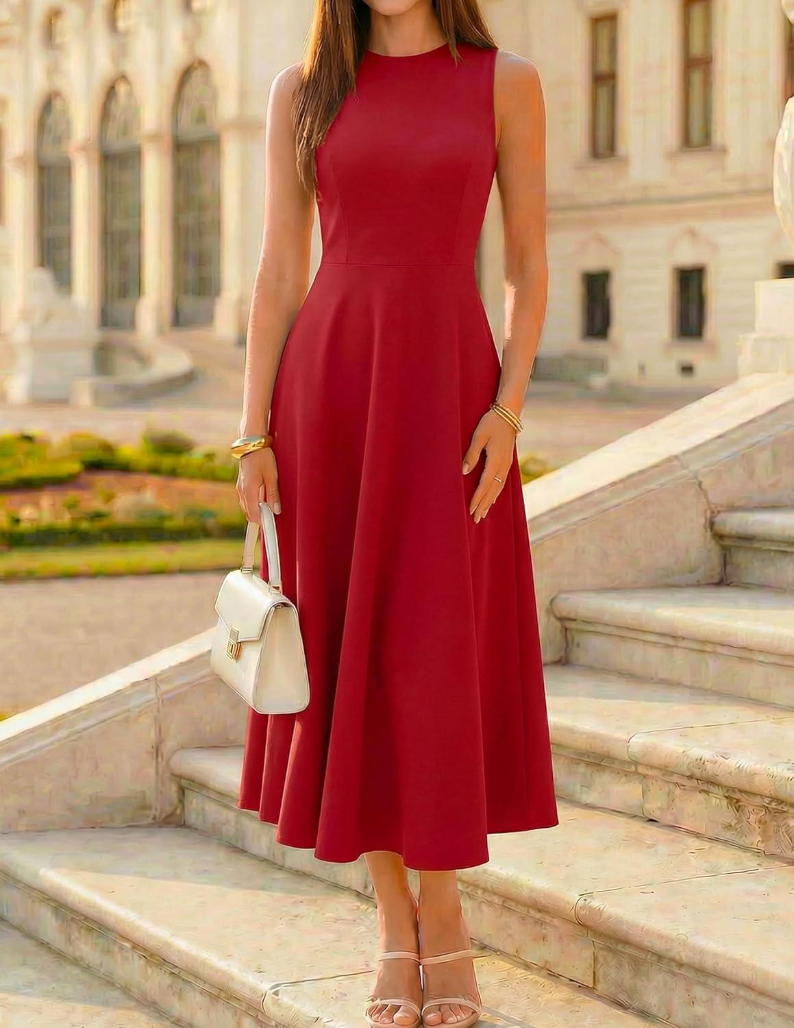 imageZESICA Womens 2026 Summer Sleeveless Midi Dresses Crewneck A Line Elegant Cocktail Party Flowy Long DressRed