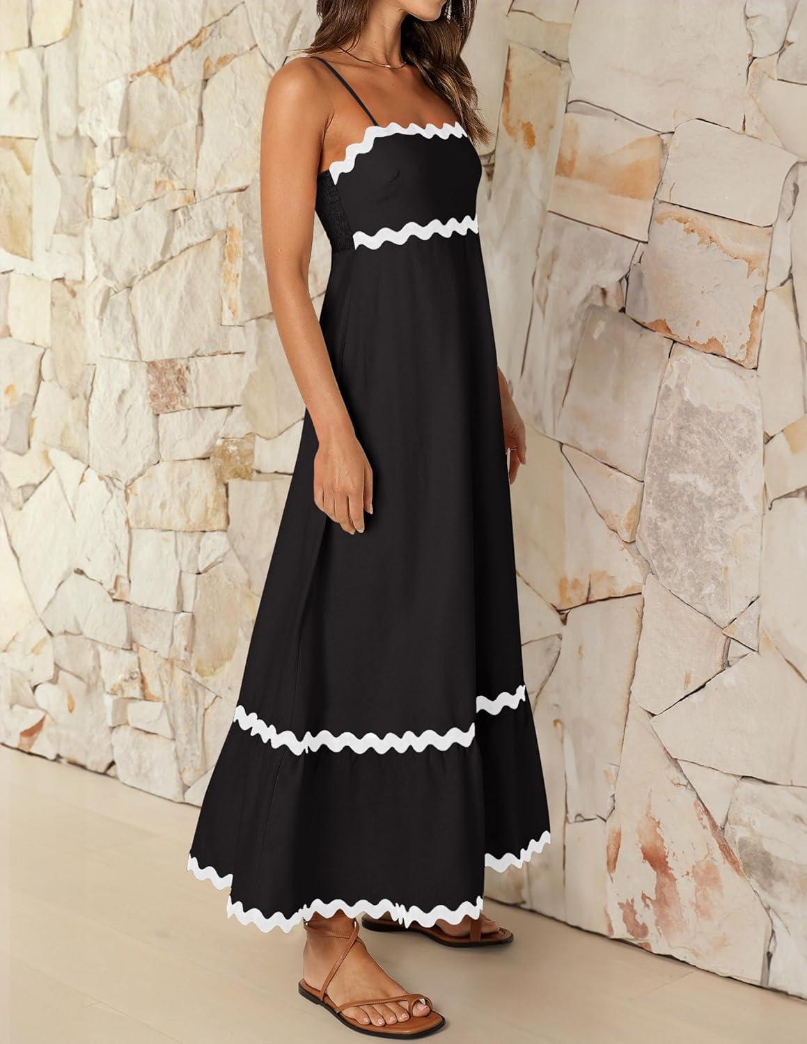 imageZESICA Womens 2026 Summer Spaghetti Straps Sleeveless Backless Sundress Flowy Smocked Lace Swing A Line Midi DressBlack