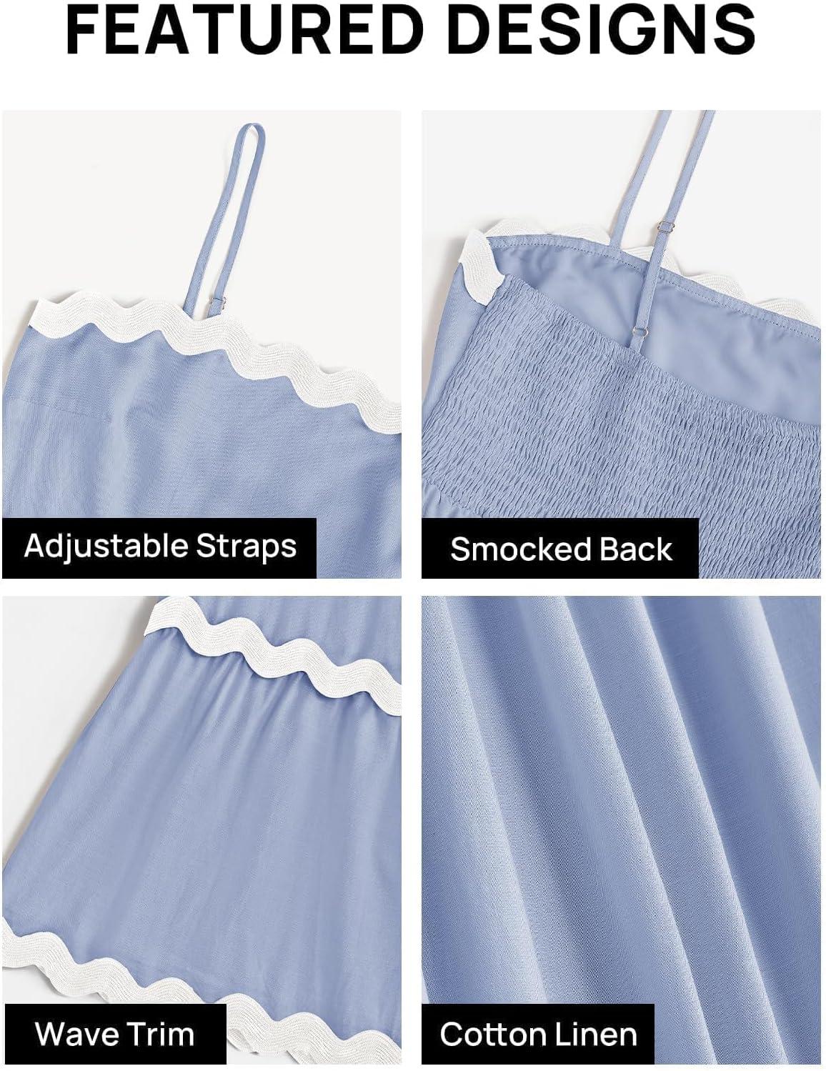 imageZESICA Womens 2026 Summer Spaghetti Straps Sleeveless Backless Sundress Flowy Smocked Lace Swing A Line Midi DressBlue