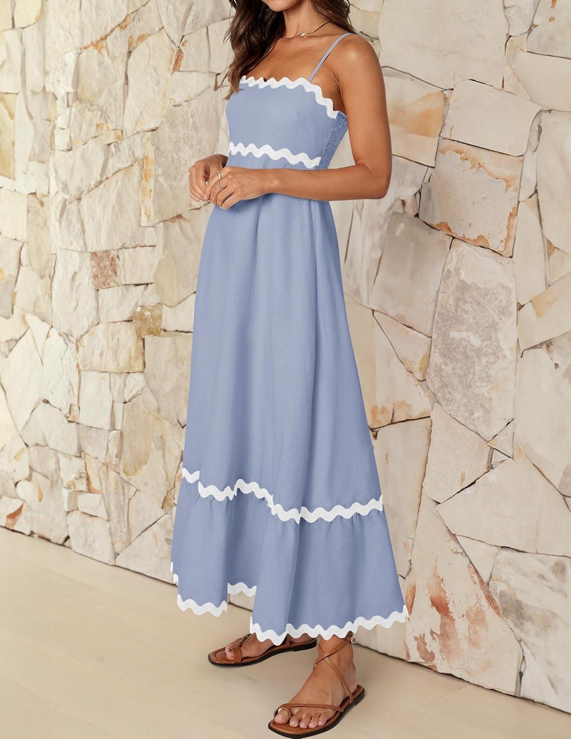 imageZESICA Womens 2026 Summer Spaghetti Straps Sleeveless Backless Sundress Flowy Smocked Lace Swing A Line Midi DressBlue