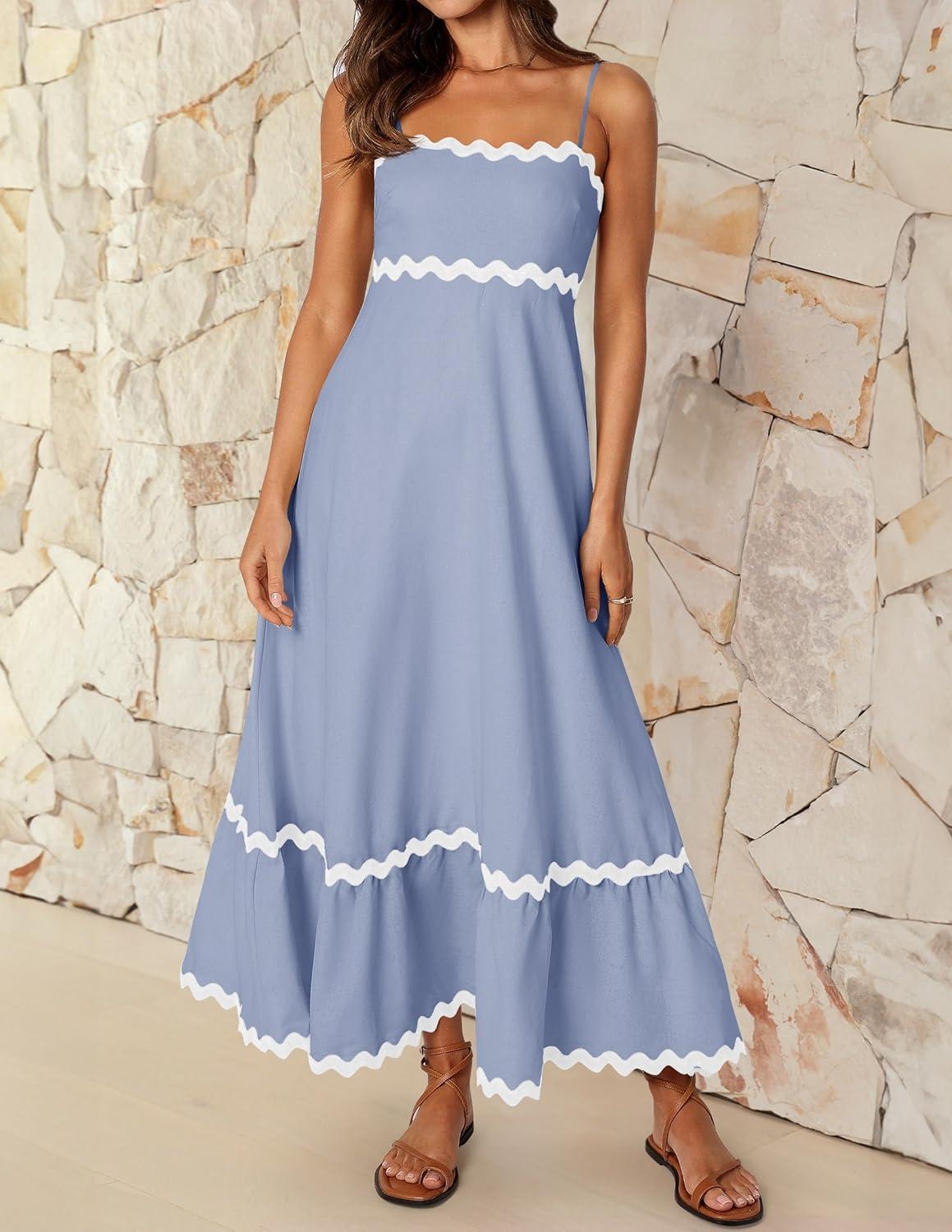 imageZESICA Womens 2026 Summer Spaghetti Straps Sleeveless Backless Sundress Flowy Smocked Lace Swing A Line Midi DressBlue