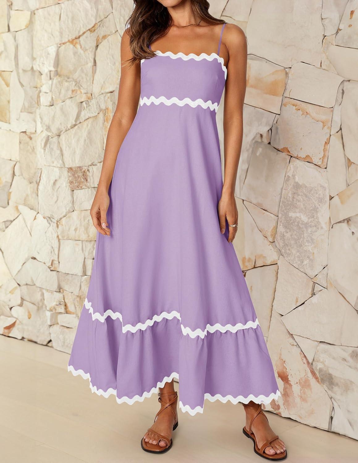 imageZESICA Womens 2026 Summer Spaghetti Straps Sleeveless Backless Sundress Flowy Smocked Lace Swing A Line Midi DressLight Purple