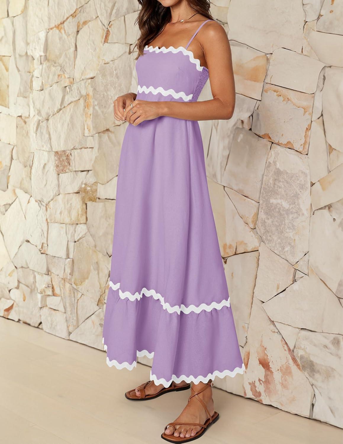 imageZESICA Womens 2026 Summer Spaghetti Straps Sleeveless Backless Sundress Flowy Smocked Lace Swing A Line Midi DressLight Purple