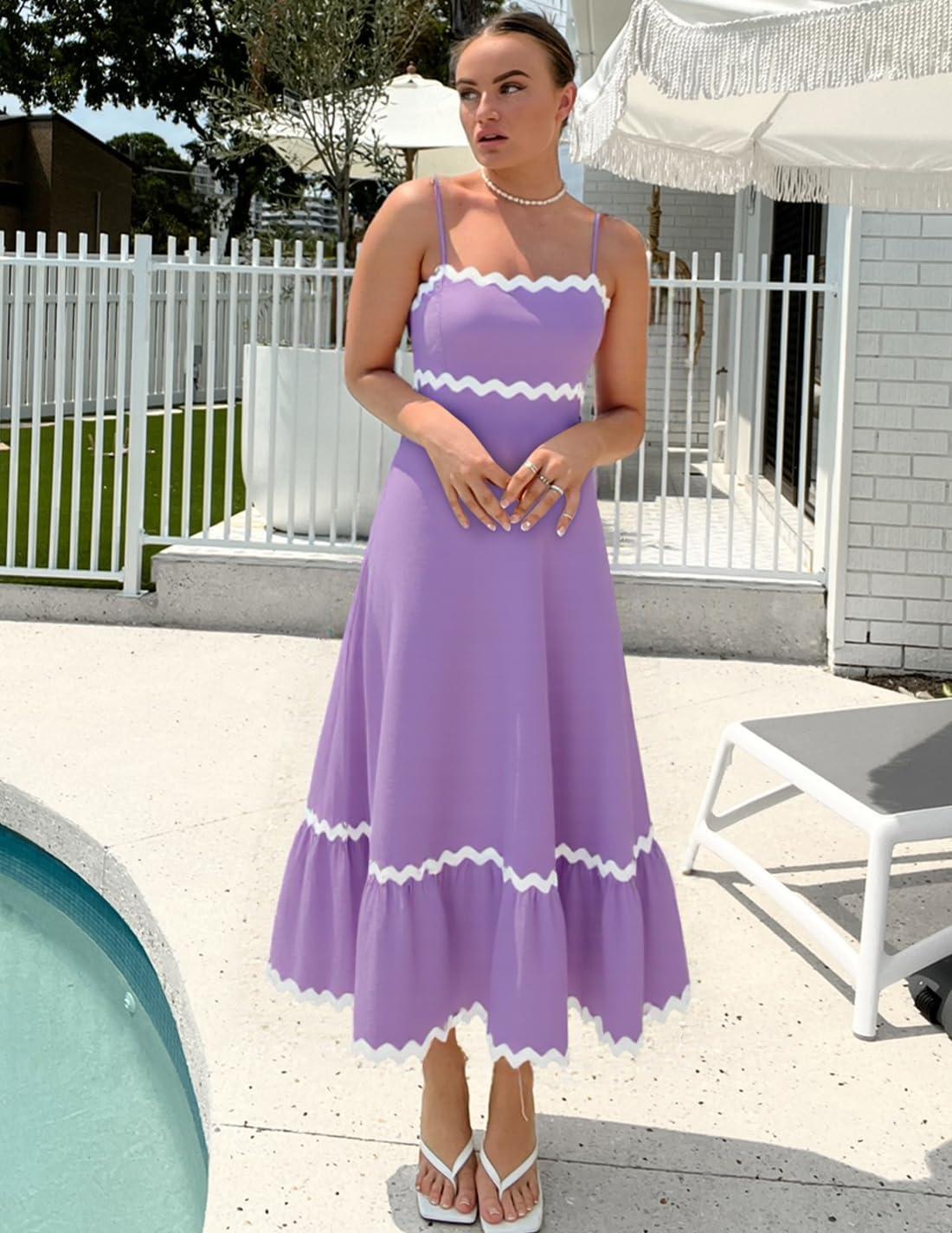 imageZESICA Womens 2026 Summer Spaghetti Straps Sleeveless Backless Sundress Flowy Smocked Lace Swing A Line Midi DressLight Purple
