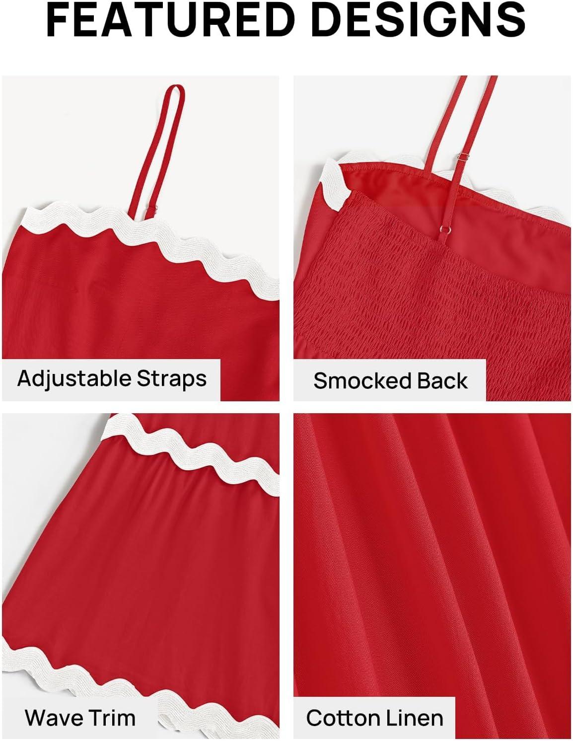 imageZESICA Womens 2026 Summer Spaghetti Straps Sleeveless Backless Sundress Flowy Smocked Lace Swing A Line Midi DressRed