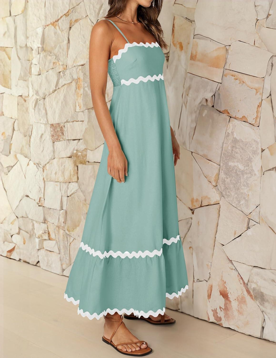 imageZESICA Womens 2026 Summer Spaghetti Straps Sleeveless Backless Sundress Flowy Smocked Lace Swing A Line Midi DressSage