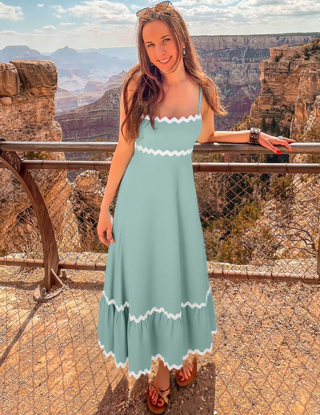 imageZESICA Womens 2026 Summer Spaghetti Straps Sleeveless Backless Sundress Flowy Smocked Lace Swing A Line Midi DressSage