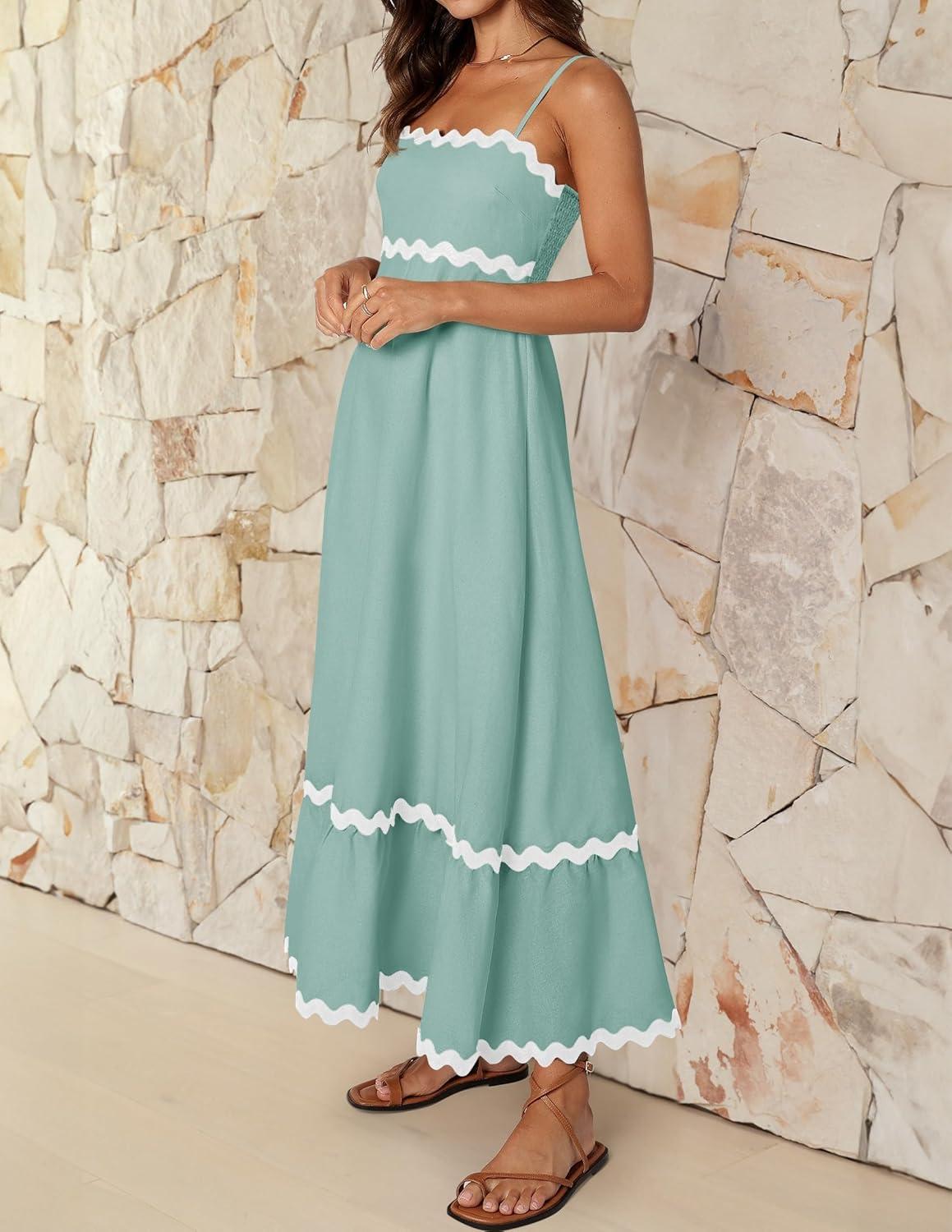 imageZESICA Womens 2026 Summer Spaghetti Straps Sleeveless Backless Sundress Flowy Smocked Lace Swing A Line Midi DressSage