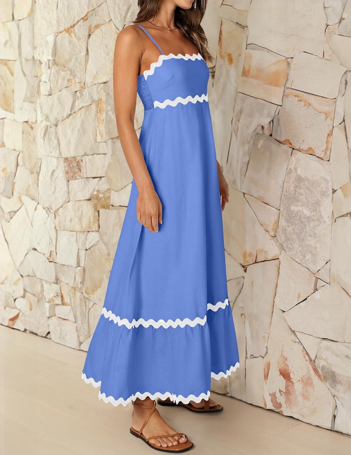 imageZESICA Womens 2026 Summer Spaghetti Straps Sleeveless Backless Sundress Flowy Smocked Lace Swing A Line Midi DressSapphire Blue