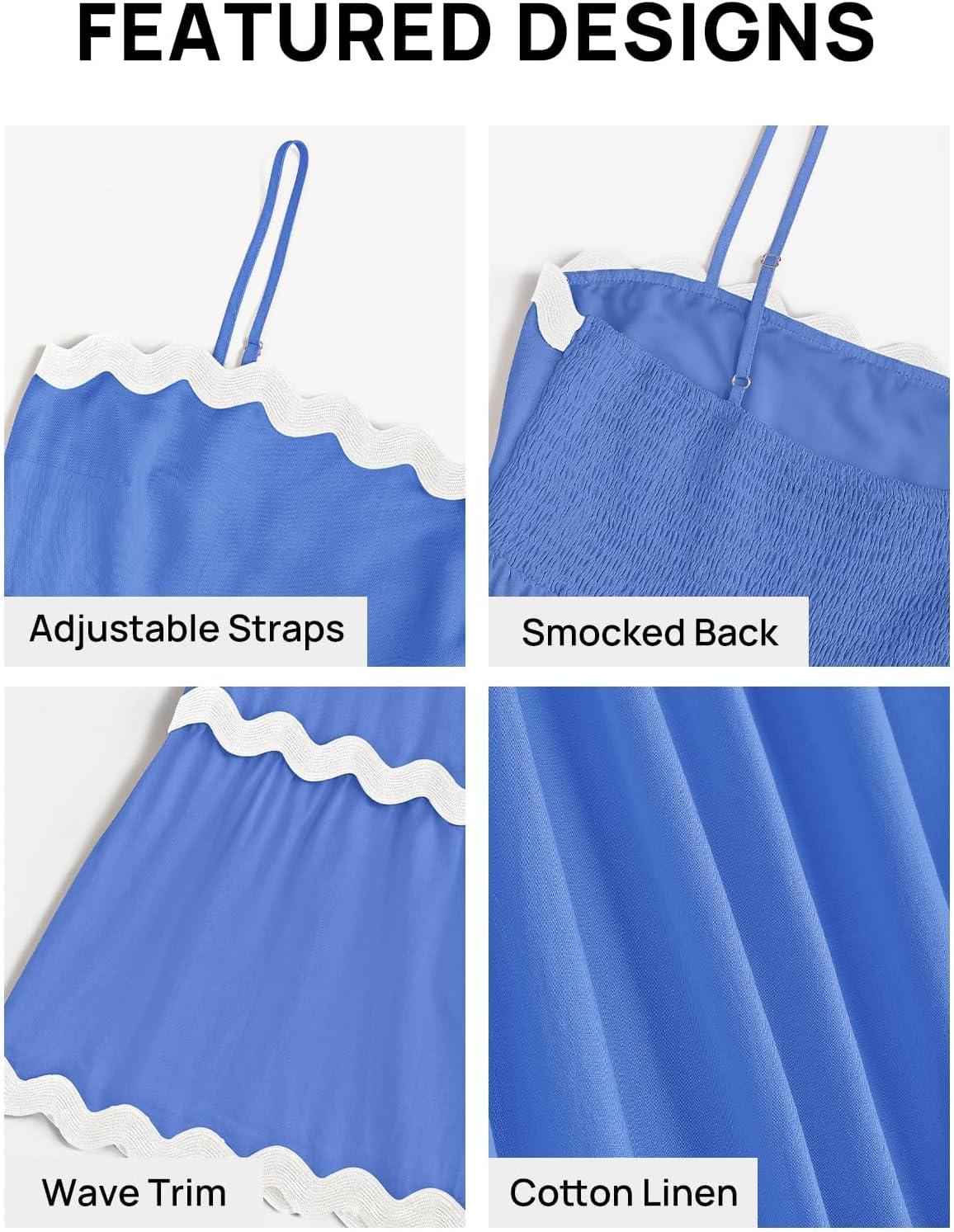imageZESICA Womens 2026 Summer Spaghetti Straps Sleeveless Backless Sundress Flowy Smocked Lace Swing A Line Midi DressSapphire Blue