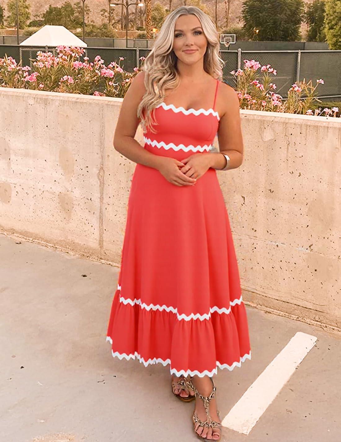 imageZESICA Womens 2026 Summer Spaghetti Straps Sleeveless Backless Sundress Flowy Smocked Lace Swing A Line Midi DressWatermelon Red