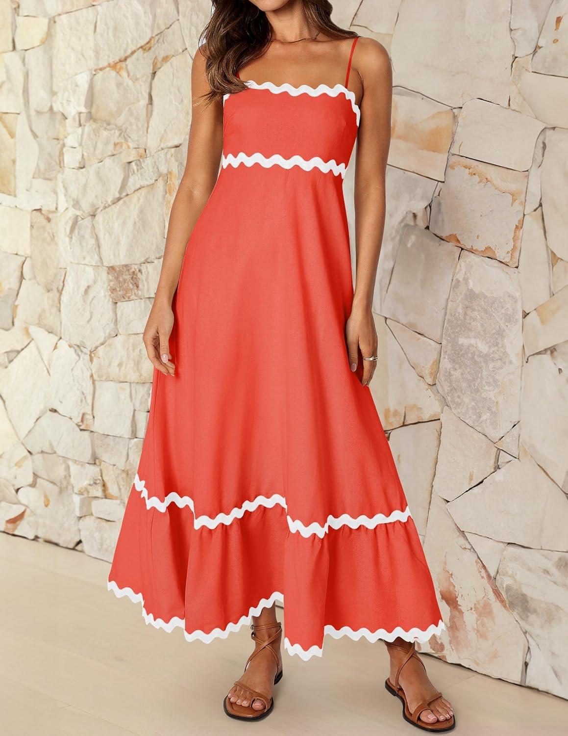 imageZESICA Womens 2026 Summer Spaghetti Straps Sleeveless Backless Sundress Flowy Smocked Lace Swing A Line Midi DressWatermelon Red